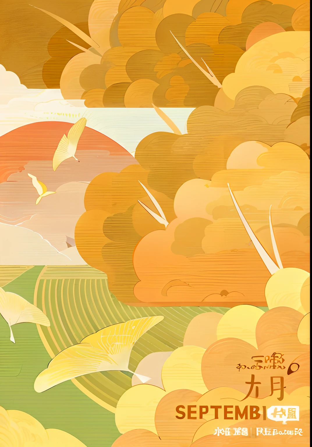 There is a poster，There are pictures of landscapes with birds flying,wind blowing leaves, Japanese inspired poster, Golden clouds, Japanese art style, Yellow clouds, inspired by Kubisi art, Flat style illustration，Flat wind illustration poster for autumn，4k高清