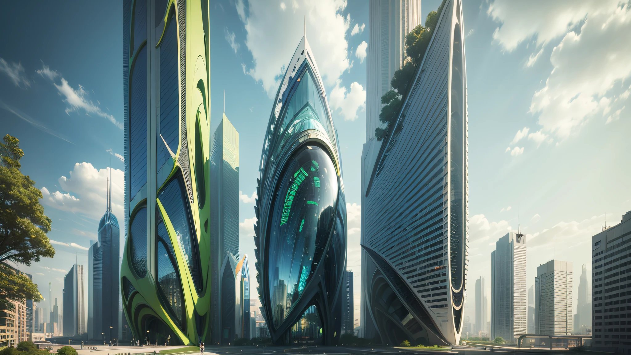 Ridiculous resolution, high resolution, (Masterpiece:1.4), Super detailed, Future City Project, Green space and glass building