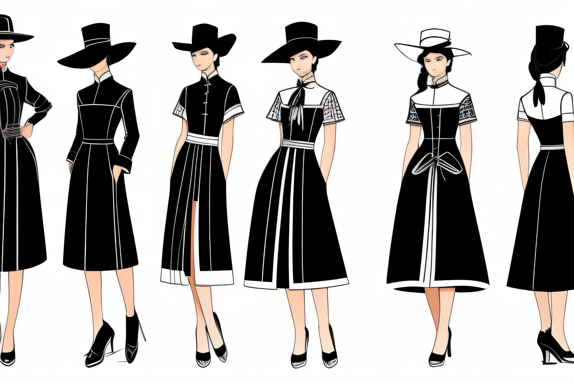 draw a sketch of short western and chiese dress combination with full model, front and back of model black shoe, sketch