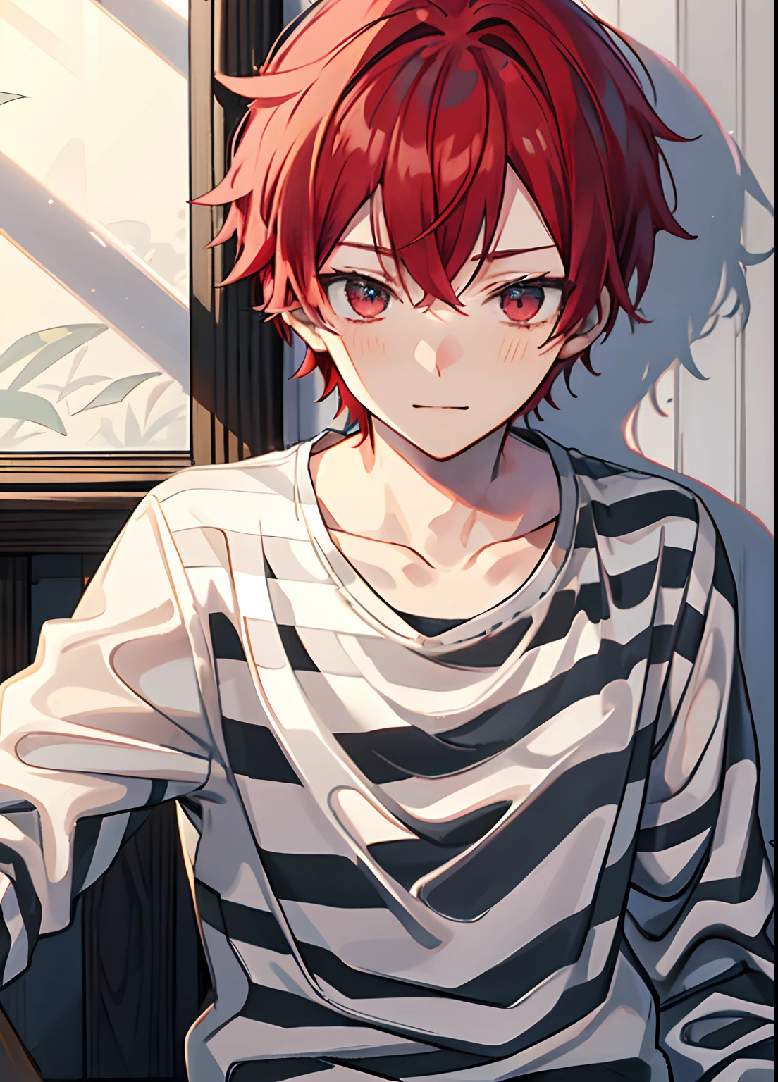 1boy, Handsome man,  Solo,Very short red hair, red hair, up looking_で_viewer, ((masutepiece,Best Quality)), Beautiful detailed eyes, beautifull detailed face、Sleepy face、sleepy expression、A slight smile, (((priclothes))), (((striped clothes))), shirt, outfit, (long sleeves), prisoner, clothes, clothing, black and white stripes, prison cell, young