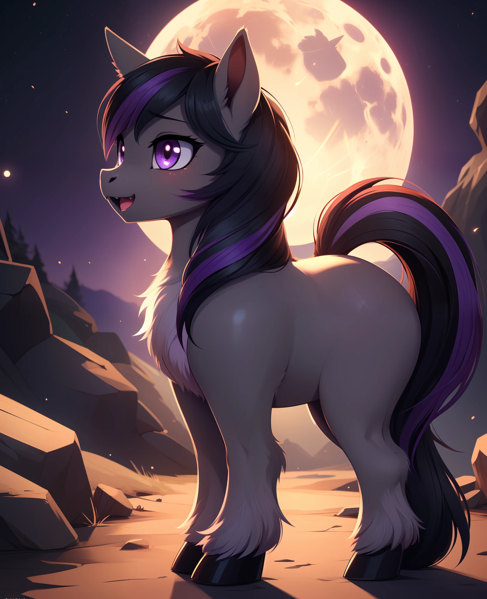 feral pony, portrait, ((midnight)), ((full moon)) (masterpiece), (raytracing), (cinematic lighting), triadic lighting, High Definition, light particles,, ((smooth gray fur)), ((soft gray pony body)), (((red clear eyes))), ((long black hair and tail with purple highlights)), ((four hooves)) ((fangs)) female, mare, {my little pony}, (((cute))), (((pony))),  (((ass))),, best quality, perfect anatomy, fluff, (body fur), masterpiece, (digital painting, soft shading,, warm lighting), cute,, [by dagasi|ancesra:0.5], (by foxovh|by personalami), (by einshelm|by tom_fischbach)],