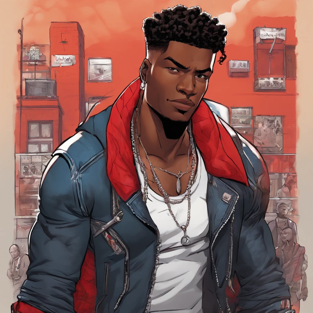 realistic style, masterpiece, best quality, 8k, artstation, sharp focus, ultrarealistic, high details,
black skinned, street thug, A black ager, character, very tall, muscular, with short hair, brown eyes, he has disproportionately large and scarred arms. He has a burn mark in the left side of his face. He wears a white tank top, unzipped leather jacket, blue jeans, dark sneakers and a silver necklace. He crossing his arms and smirking(((black:1.5, red:1.1, white:1.3)))