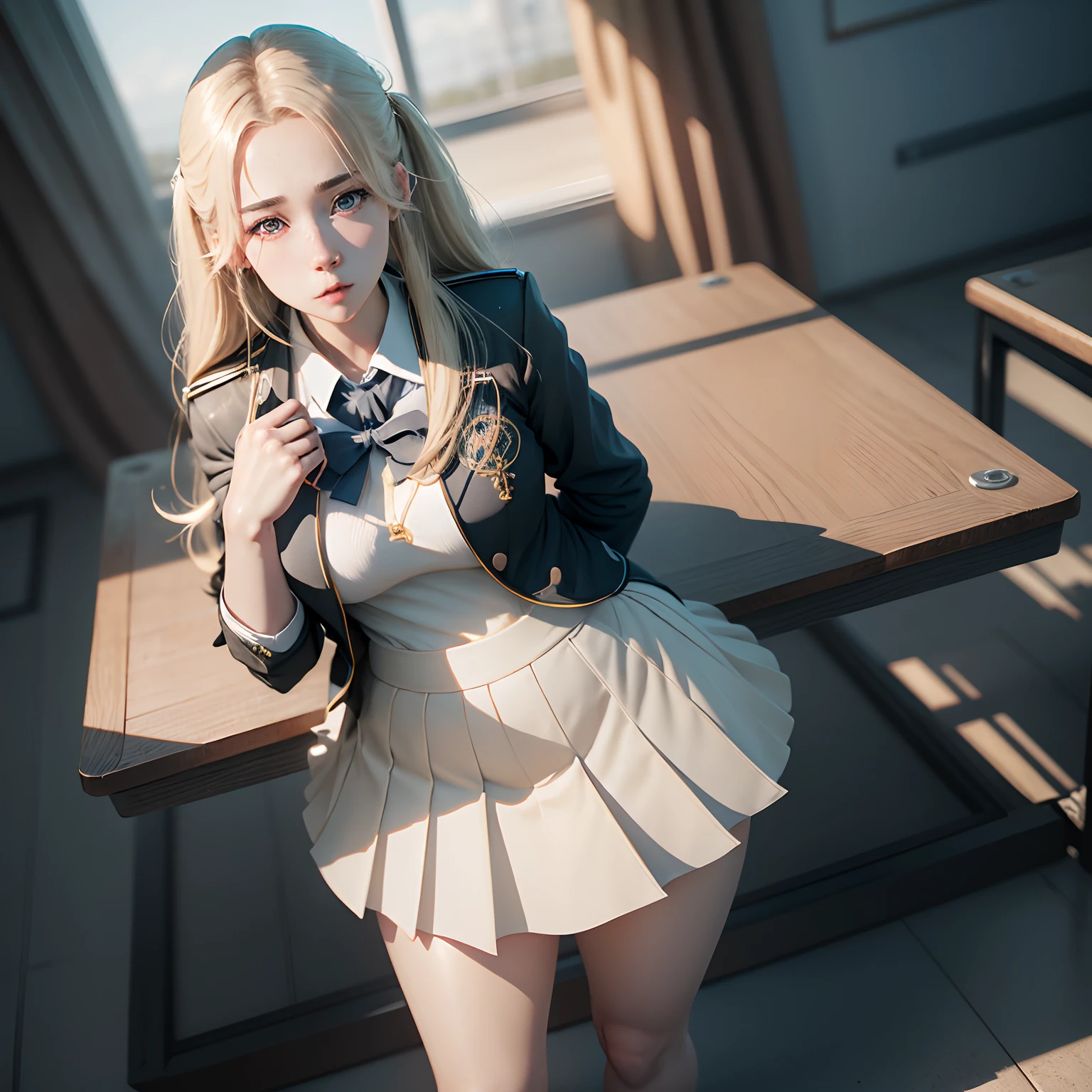 A captivating female anime character with a blissful expression, dressed in a school uniform, posed in a full body stance with ultra-detailed 3D rendering and a shimmering texture in ultra HD 8K hyper-realistic photo-realism.
