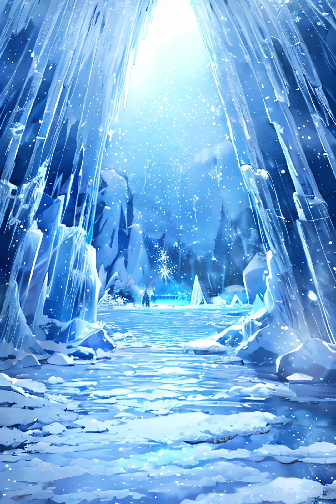 frozen landscape, sparkling ice crystals, icy stalactites hanging from the cave ceiling, shimmering blue and white hues, ethereal glow, mysterious atmosphere, natural formation, surreal scenery, breathtaking view, remote location, untouched beauty, magical stillness, sparkling snow on the ground, icicles glistening in the sunlight, serene silence, frozen waterfalls, ancient ice sculptures, intricate patterns on the ice walls, icicle-lined pathways, gentle breeze carrying a hint of winter freshness, sense of wonder, chilly air, vastness of the frozen landscape, untouched by human presence, tranquility, frozen time)