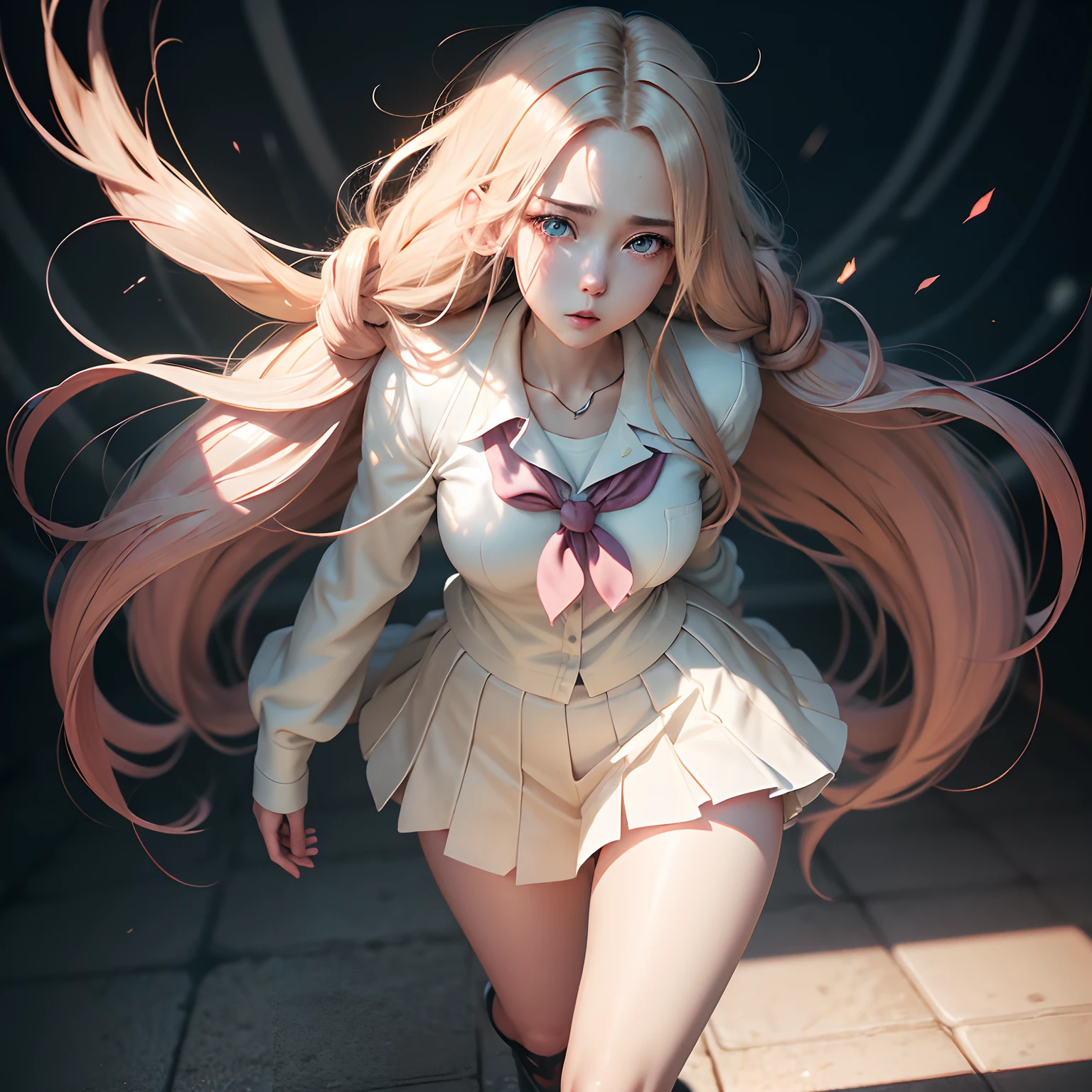 A captivating female anime character with a blissful expression, dressed in a school uniform, posed in a full body stance with ultra-detailed 3D rendering and a shimmering texture in ultra HD 8K hyper-realistic photo-realism.