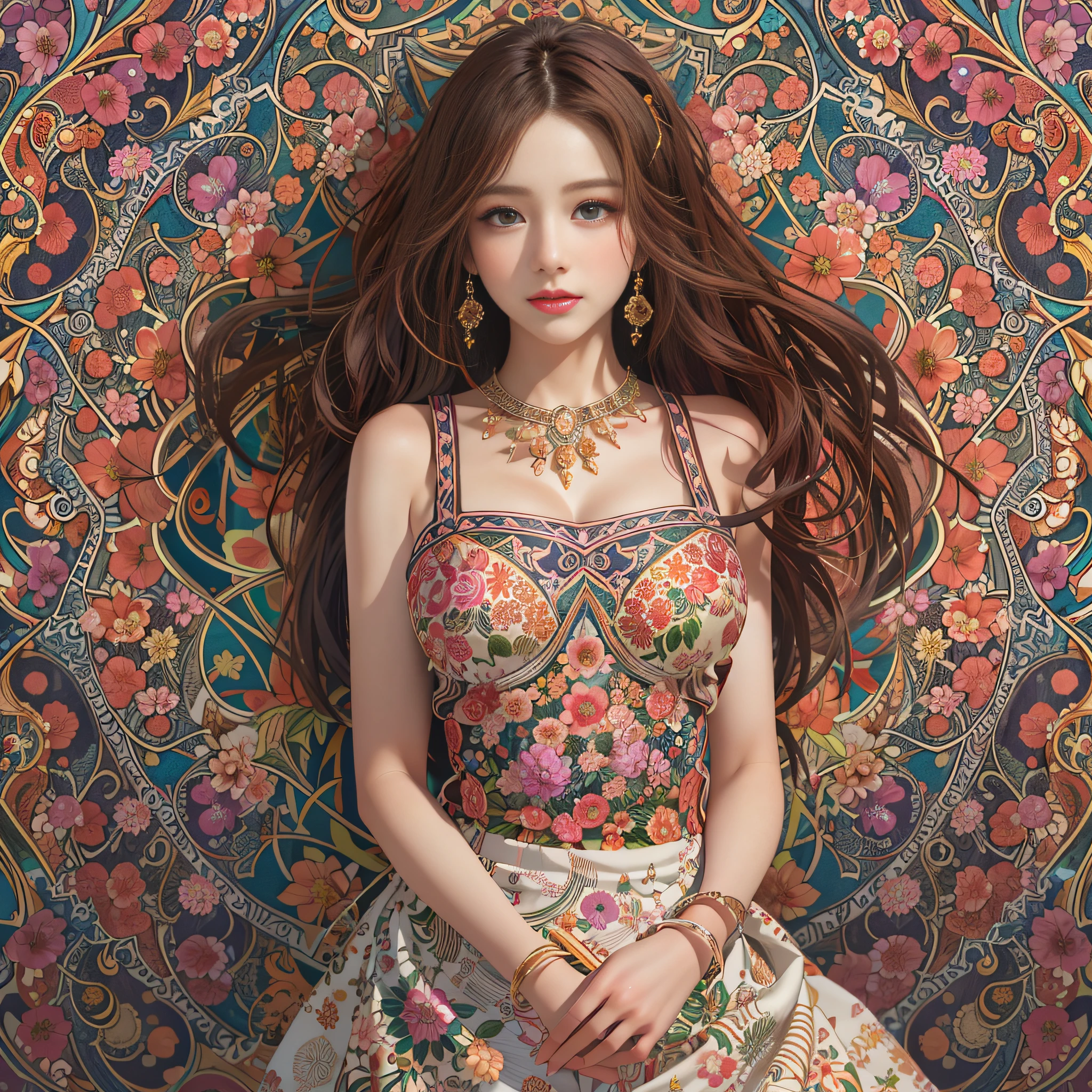 (symmetrical, Compositions with colorful geometric arabesque patterns):1.3,
(top quality, masterpieces, realistic, photorealism:1.37, best shadows), (1girl:1.3), (semi-long hair), (dark brown hair), (medium breasts:1.3), (nude lipgloss), (make up), (Show cleavage), perfect body, (18 years old), close up face:1.2, (ultra delicate face), (ultra Beautiful fece), (ultra delicate eyes), (ultra detailed nose), (ultra detailed mouth), (ultra detailed arms), (ultra detailed legs), (ultra detailed body), (from the front side), looking at the audience, Ultra-meticulously drawn clothes, Floral work apron