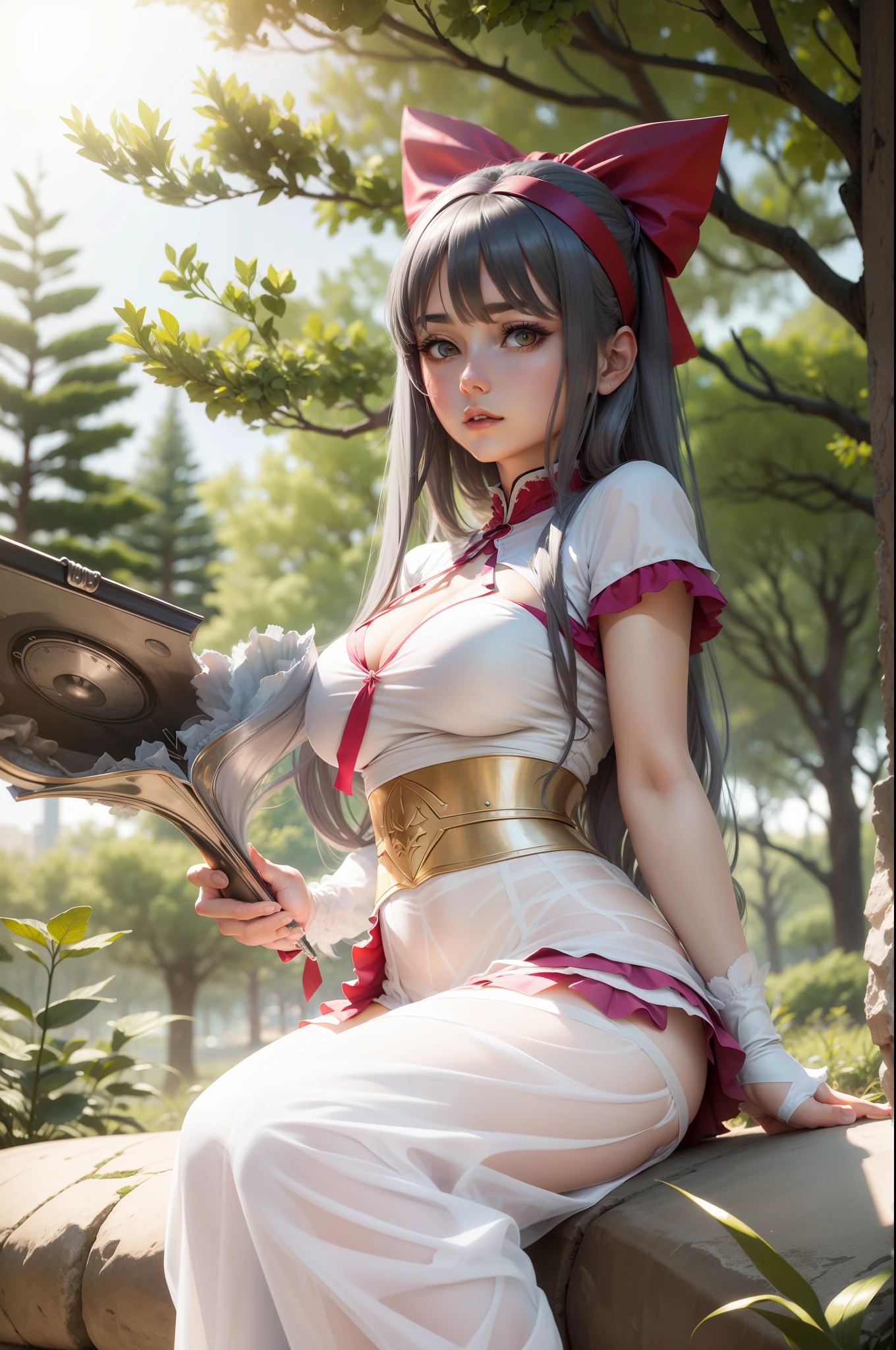 Silvery hair, surrealism, , anime big breast, Standing painting, angle of view, foreshortening, foreshortening, 8K, Super detail,Woman with full breasts,ssee-through,Gauze skirt,a matural female