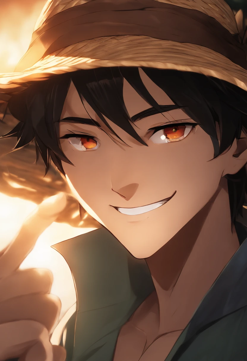 1boy, gojo satoru , wanostyle , smiling, straw hat, looking at viewer, solo, upper body, ((masterpiece)), (best quality), (extremely detailed), depth of field, sketch, dark intense shadows, sharp focus, soft lighting, hdr, colorful, good composition, fire all around, spectacular, closed shirt, anime screencap, scar under eye, ready to fight, black eyes