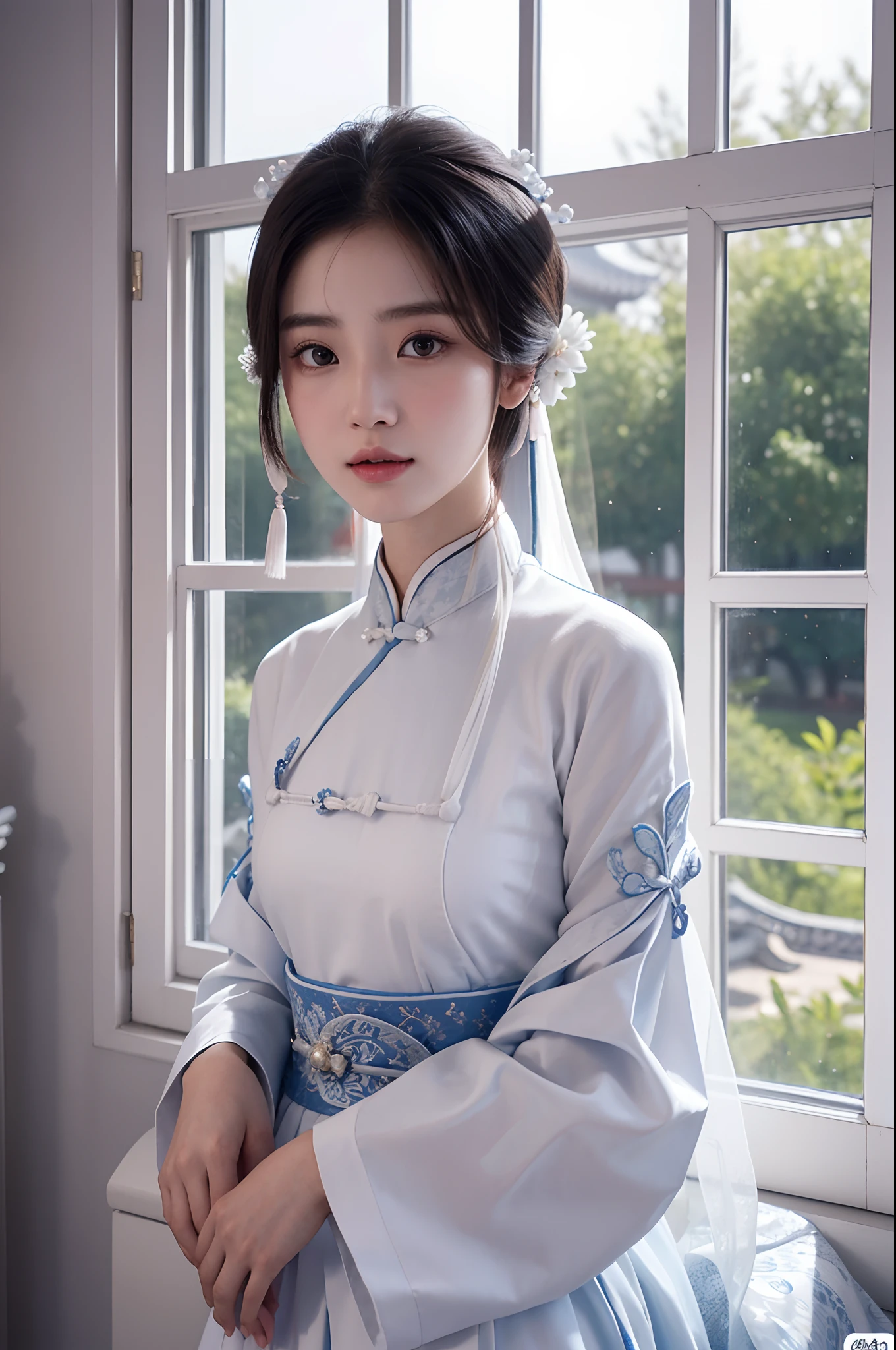 arafed woman in a white dress standing in front of a window, palace ， a girl in hanfu, chinese woman, chinese girl, wearing ancient chinese clothes, portrait shot, a young asian woman, chinese princess, cover photo portrait of du juan, inspired by Dai Xi, white hanfu, traditional chinese clothing, traditional chinese, hanfu, inspired by Zhang Yin