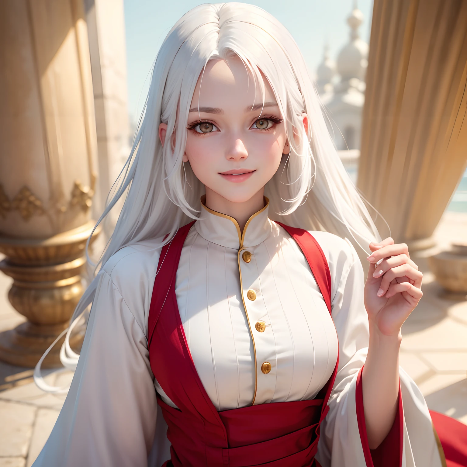 best quality, white hair, gold eyes, red clothes, looking up, upper body, hair strand, Fair skin, smiling