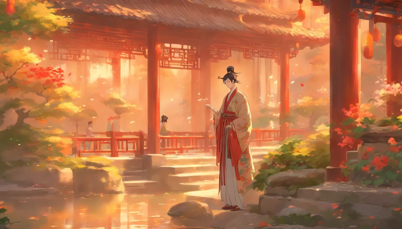 Rich gentleman in a courtyard, Traditional attire, Elegant demeanor, Exquisite garden, Calm and serene, Traditional Chinese Painting, Traditional attire, Garden scene, warm light