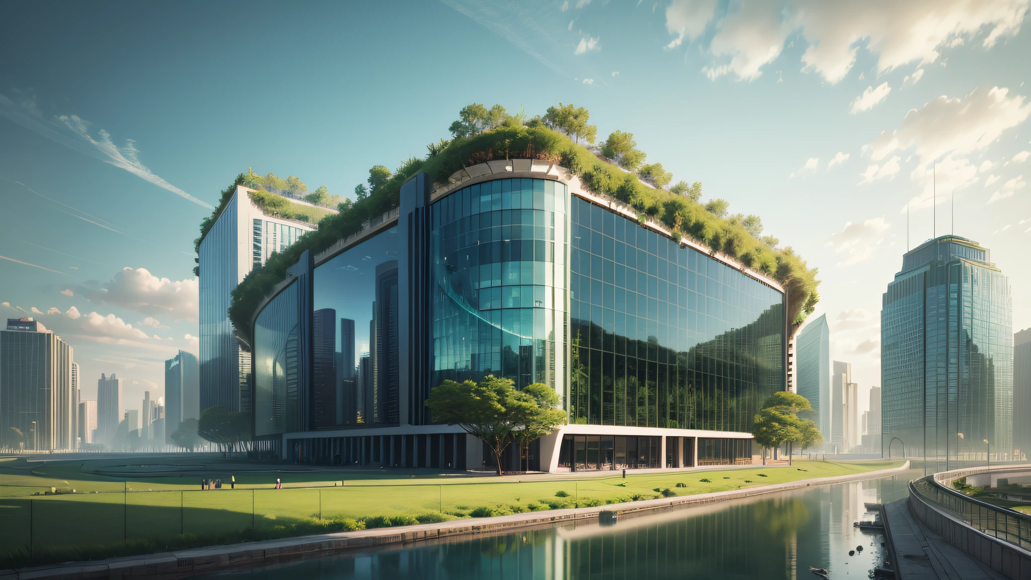 Ridiculous resolution, high resolution, (Masterpiece:1.4), Super detailed, Future City Project, Green space and glass building