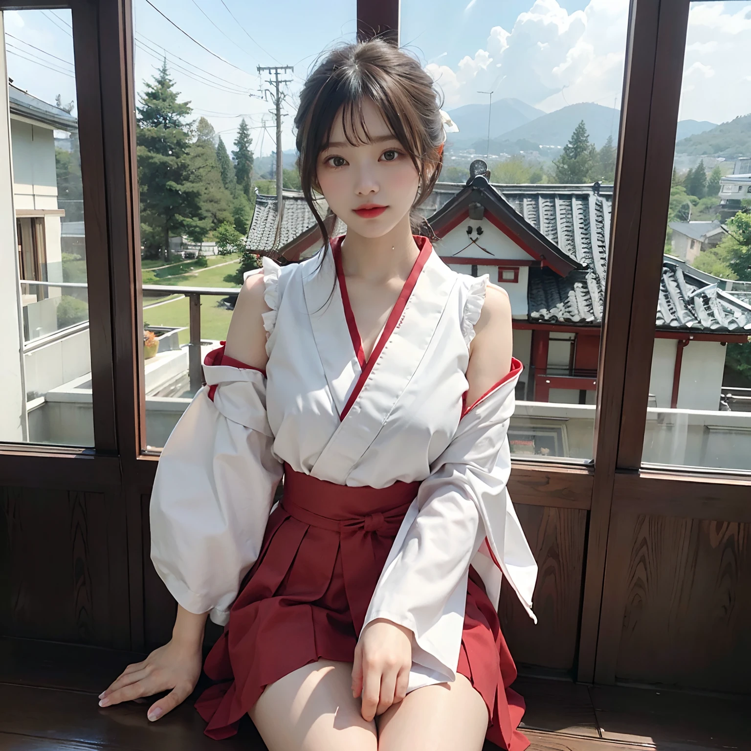 A woman wearing a red skirt and white shirt takes a photo, japanese girl school uniform, hakama kimono, Japan school uniform, A Japanese style, Red kimono, A Japanese styleスタイル, traditional japanese, Wearing Hakama, japanese kimono,背景にWinter scene,Background inside the house ,Ultra-high image quality,No bra,feet visible ,You can see the valley ,breastsoutの谷間 ,Furisode ,Wide sleeves ,shrine maiden clothe ,shoulders can be seen ,Shoulder skin is visible ,Shoulders exposed 、hyperdetailed body(ほどよいbreastsout)、super-detaild skin 、breastsout 、Transparent、(undergarment)、see -through、(Winter scene)、Balance Diagram:1.2、A sexy、lesbian、(Touch each other)、(Take it off)、お互いにBe undress、Exposed shoulders、breastsout元が露出、pushed、(Embarrassed look)、embarassed expression、 Seduction Pose、(Be undress)、((Spread your legs wide))、Opening legs、a miniskirt、undergarmentが見える、(((toppless)))、Leaning forward posture、Clothes are disheveled、Squatting posture、Taking off your skirt、(i am wearing tabi socks)、(Pants are white)、Sheer nipples
