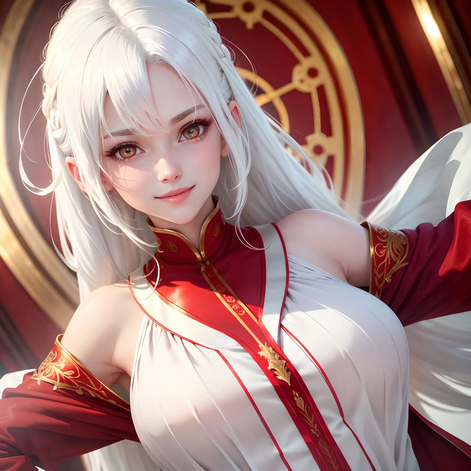 best quality, white hair, gold eyes, red clothes, looking up, upper body, hair strand, Fair skin, smiling