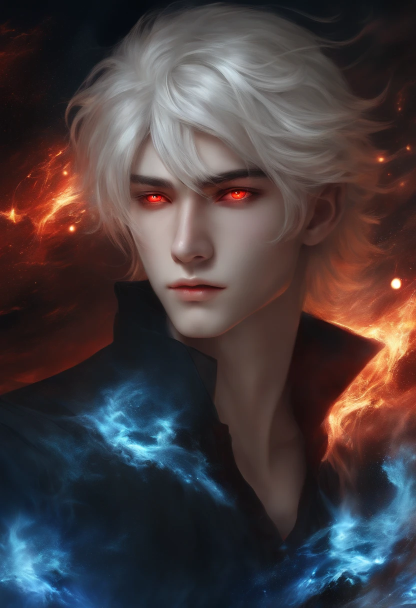 Best quality, Masterpiece, ultra-high separation rate, (photograph realistic:1.4), surrealism, Dream-like, fusionart, anime boy, long white hair, red eyes, in the dark,blue fire magic