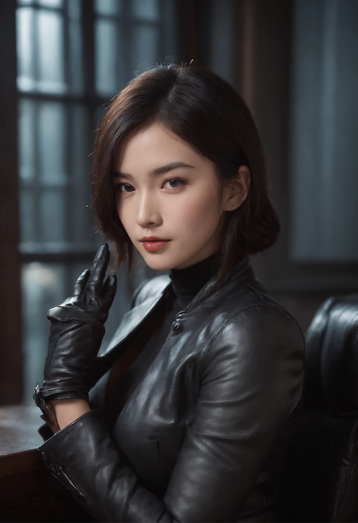 Upper body covered with black leather gloves up to the fingertips in both hands, black leather double riders jacket, slender necklace, young and cute Japanese girl with beautiful black hair, sitting on a black leather chair facing the desk in the president's room at night, sitting on a cheek stick