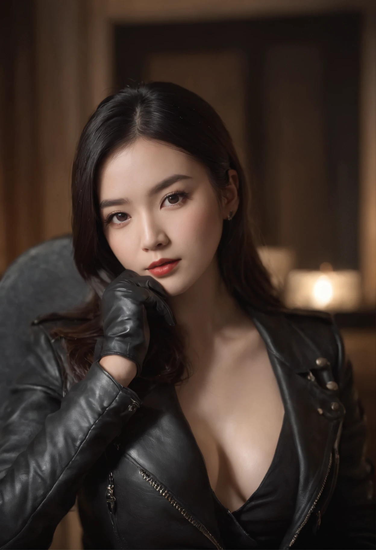 Upper body covered with black leather gloves up to the fingertips in both hands, black leather double riders jacket, slender necklace, young and cute Japanese girl with beautiful black hair, sitting on a black leather chair facing the desk in the president's room at night, sitting on a cheek stick