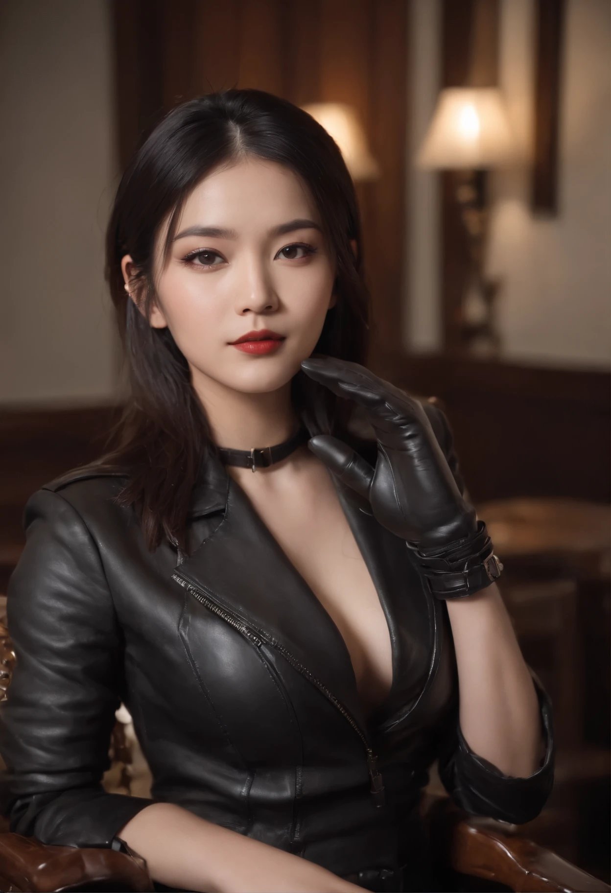 Upper body covered with black leather gloves up to the fingertips in both hands, black leather double riders jacket, slender necklace, young and cute Japanese girl with beautiful black hair, sitting on a black leather chair facing the desk in the president's room at night, sitting on a cheek stick