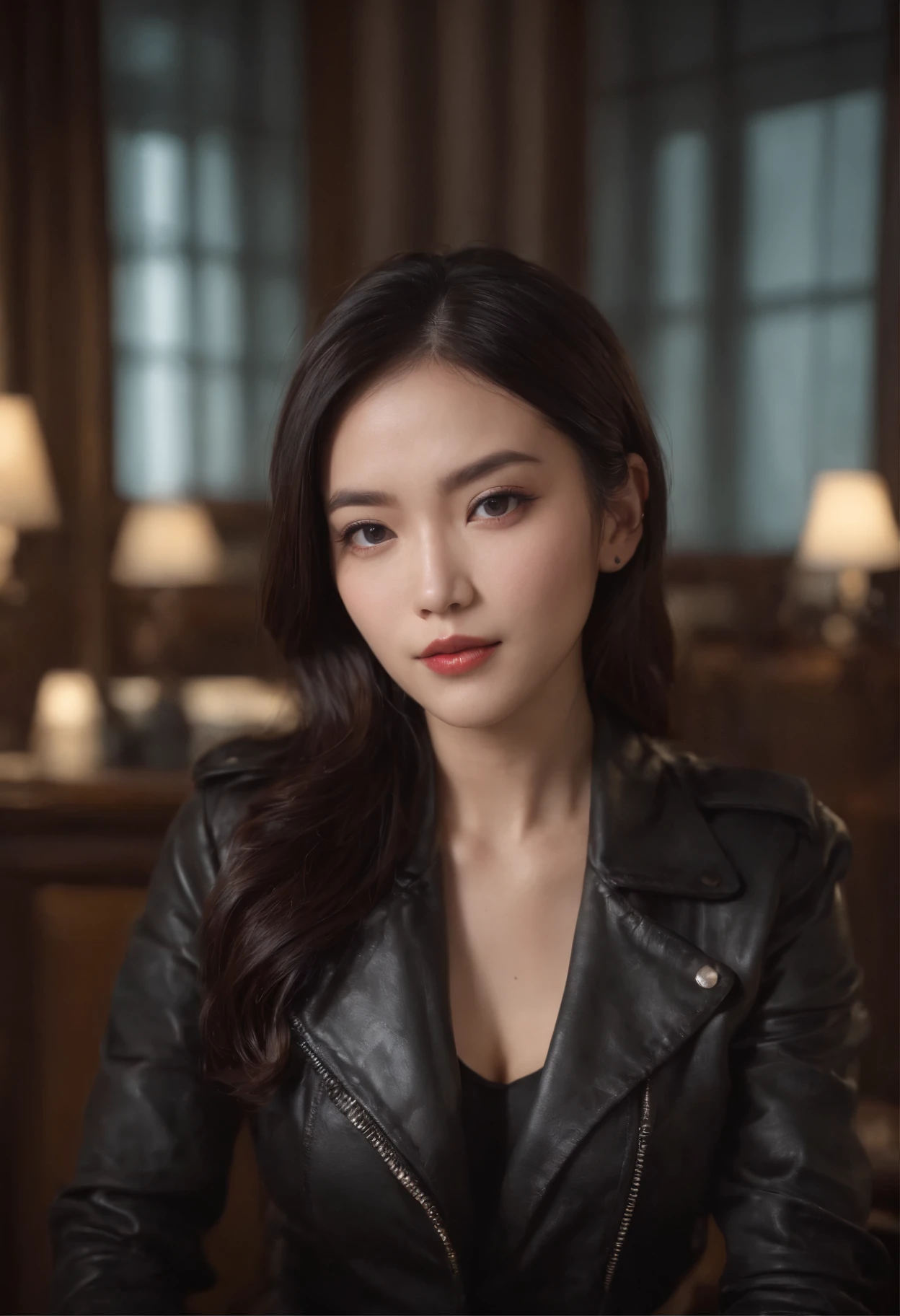 Upper body covered with black leather gloves up to the fingertips in both hands, black leather double riders jacket, slender necklace, young and cute Japanese girl with beautiful black hair, sitting on a black leather chair facing the desk in the president's room at night, sitting on a cheek stick