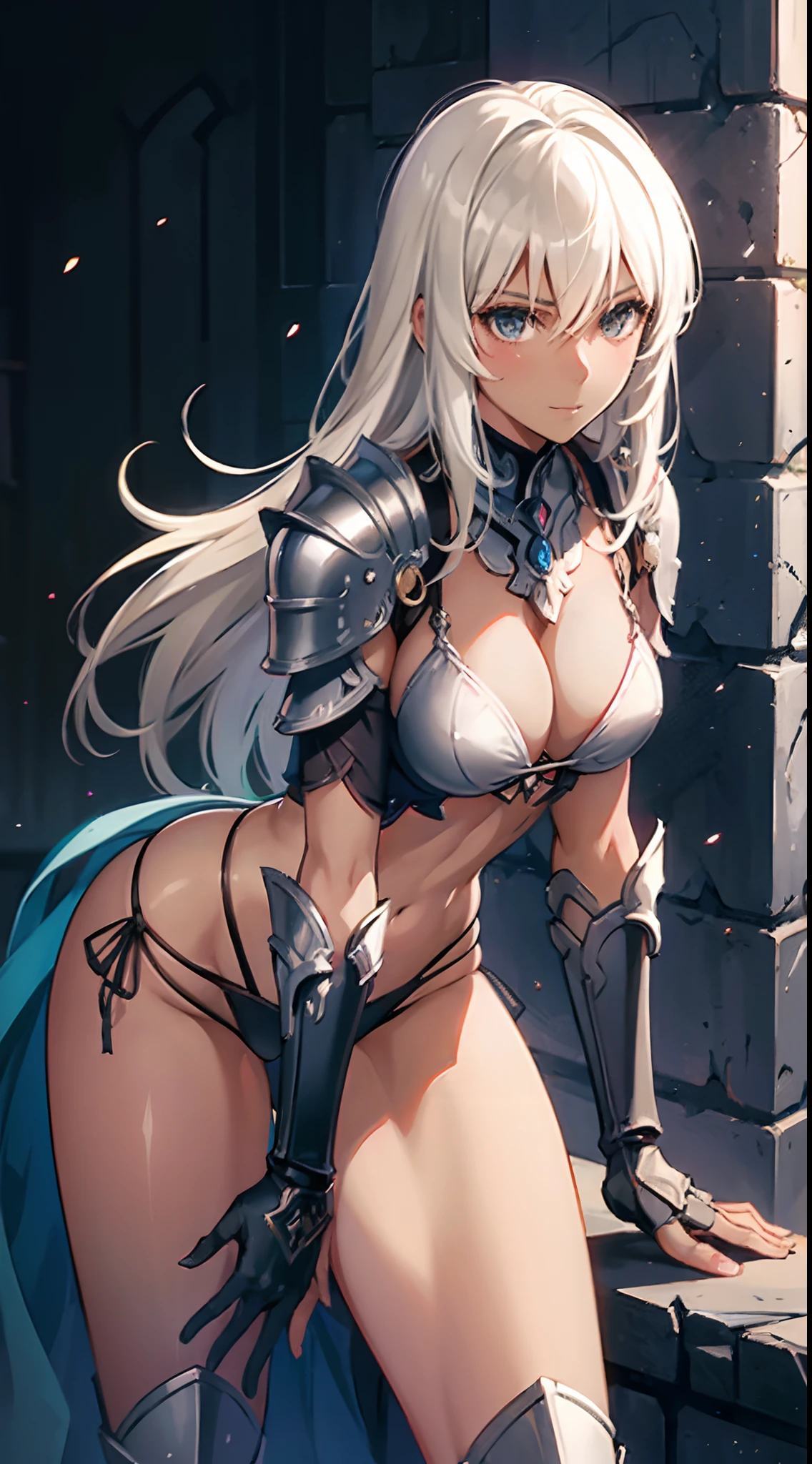 ((slanted eyes)),(milf),(((mature female,adult female))),solo,masterpiece, Top Quality, ultra-definition, max resolution, A highly detailed,((((dark skin)))), extremely sexy,large breasts,blush,high legs,thong,armor girl, bikini armor female knight, Bikini Armor, bikini-armor, bikini-armor, ornate bikini armor, Female knight, Gorgeous Female Paladin,Beautiful armor,cleavage,over-knee sock,in palace,ass,smile