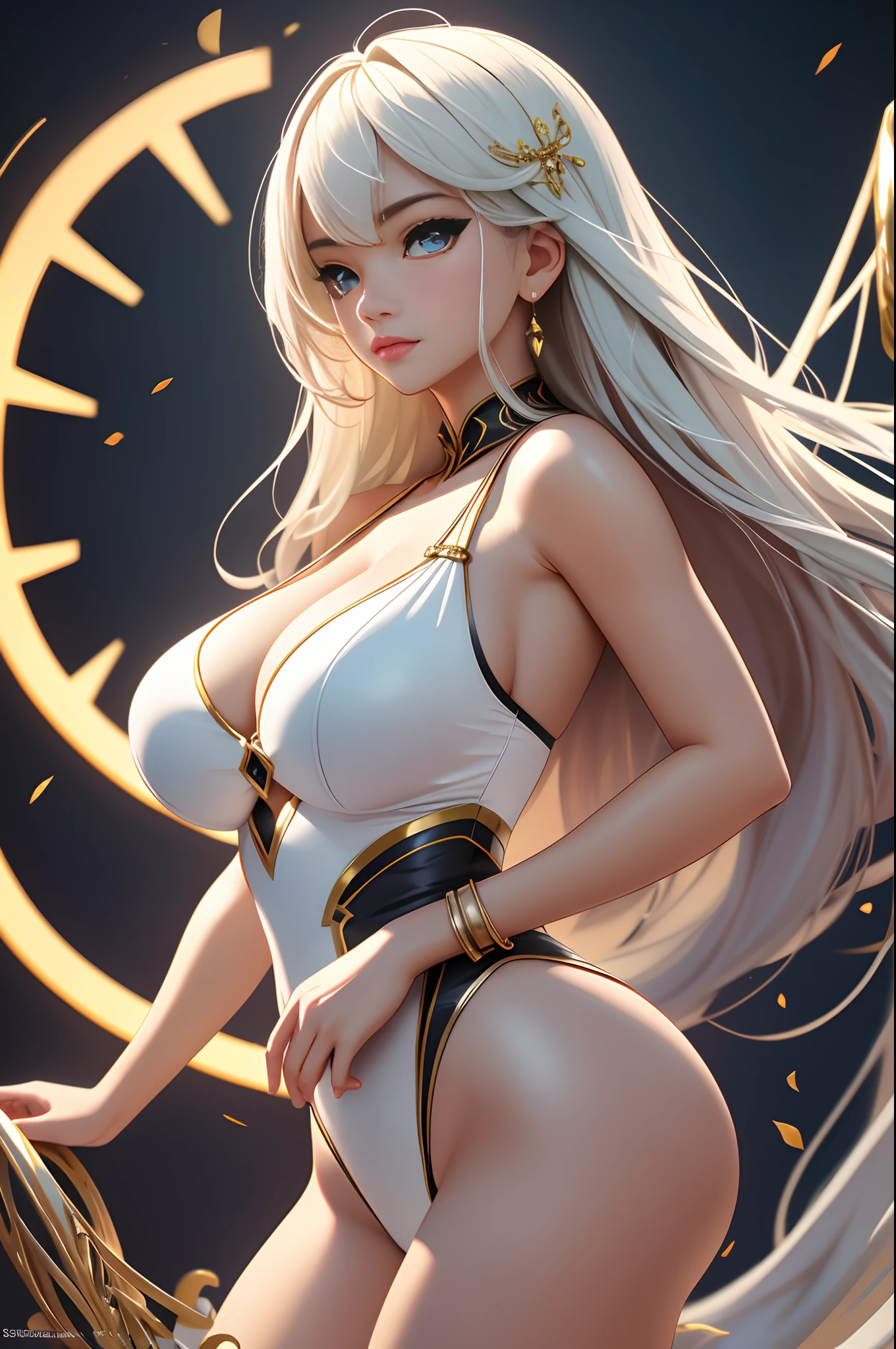 1girll, Anime fantasy artwork,Sexy swimsuit,Plump breasts,gigantic cleavage breasts:1.6, Long hair,Shiny skin:1.4,primitive,tmasterpiece,ultra fine photos,best qualtiy,超高分辨率,Photoreality,rays of sunshine,full-body portraits,stunningly beautiful,,dynamicposes,delicated face,Vibrant eyes,(seen from the side)detailed face with,Detailed and complex busy background,opulent,Highly detailed skin,Realistic details of skin,Visible Pore,tack sharp focus,volume fog,8K UHD,digital SLR camera,high qulity,filmgrain,White skin of the,photo-realism,DL, look from down, semi transparent
