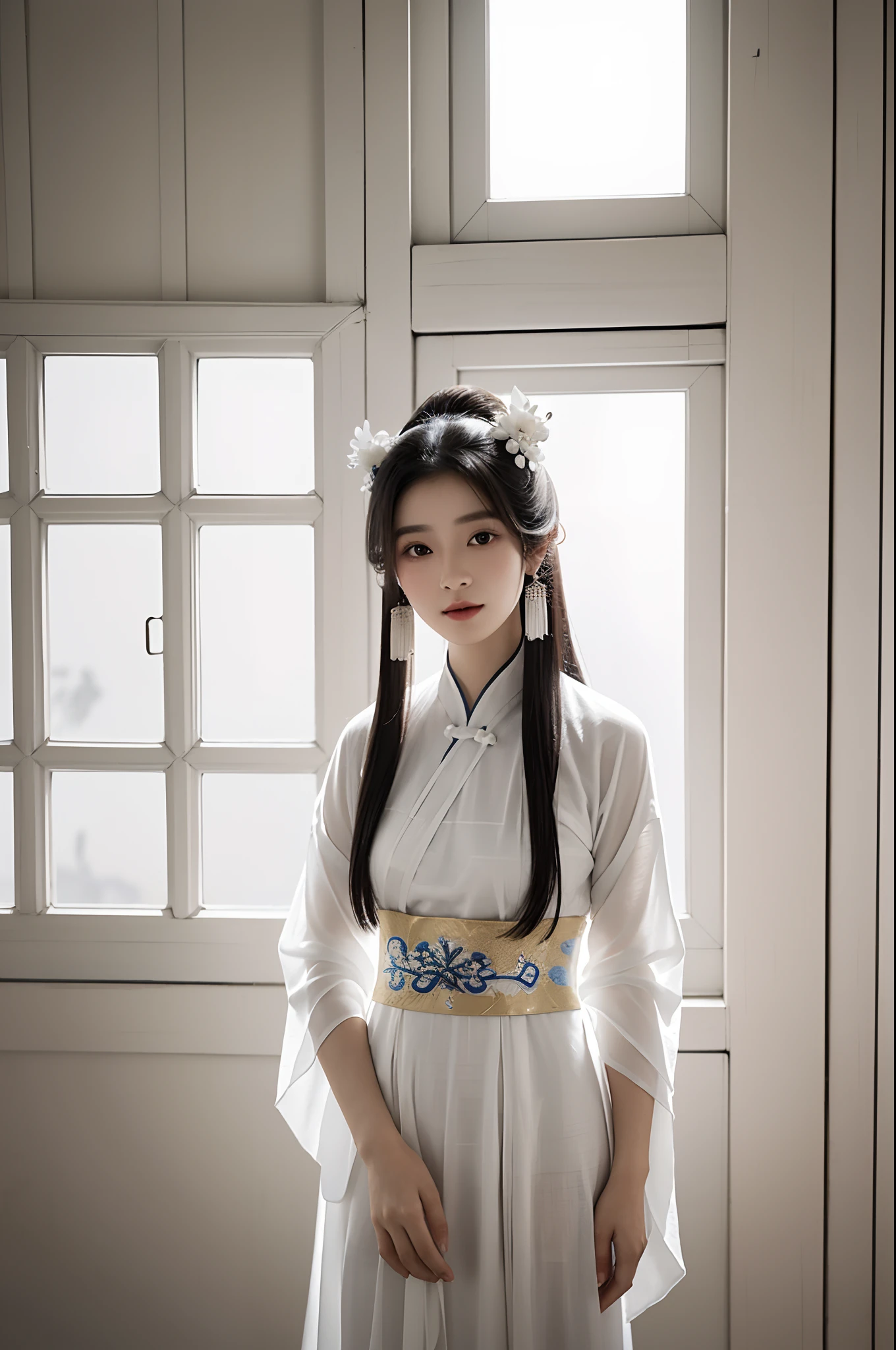 arafed woman in a white dress standing in front of a window, palace , a girl in hanfu, chinese woman, chinese girl, wearing ancient chinese clothes, portrait shot, a young asian woman, chinese princess, cover photo portrait of du juan, inspired by Dai Xi, white hanfu, traditional chinese clothing, traditional chinese, hanfu, inspired by Zhang Yin