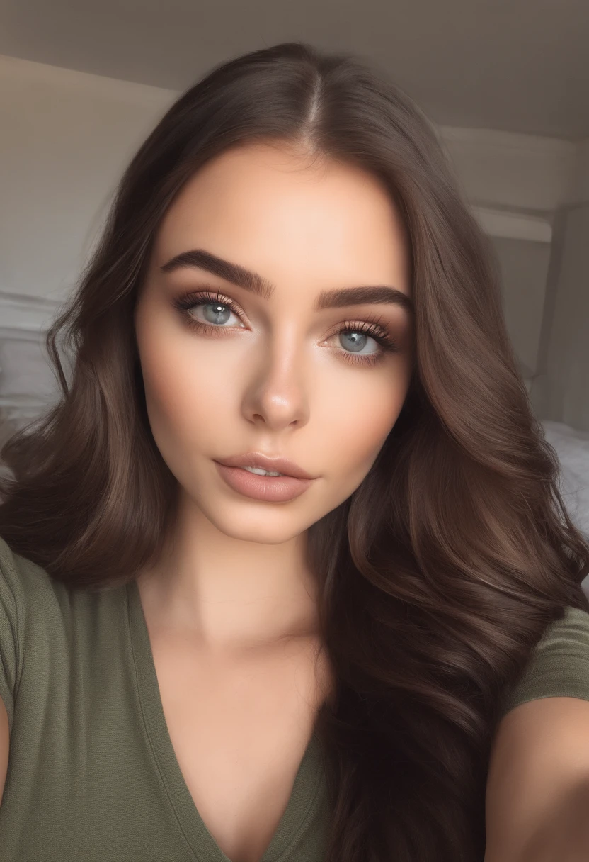 sexy girl with green eyes, portrait sophie mudd, brown hair and large eyes, selfie of a young woman, bedroom eyes, violet myers, without makeup, natural makeup, looking directly at the camera, face with artgram, subtle makeup, stunning full body shot, piercing brown eyes, girl in grey sweats and crop top, bedroom