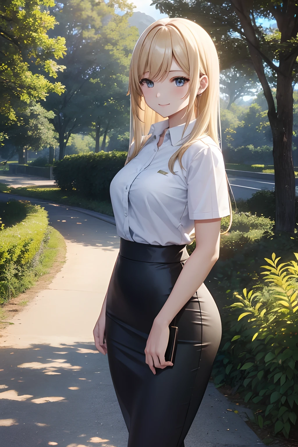 blue_sky, built, bush, cliff, clouds, cloudy_sky, tag, ln the forest, grassy, horizon, Duan, jungles, lake, lens_flare, light_rays, mont, naturey, plein air, paths, pine_tree road, landscapes, Skysky, suns, Sun'rays, sunlights, sunset, The tree, tree_shade, Eau, (femele:1.4), blonde hair, (verd s eyes:1.2), Tight pencil skirt, Black tight shirt, walking, shorth hair, 独奏, a smile, hands behind body、The light behind the pupil