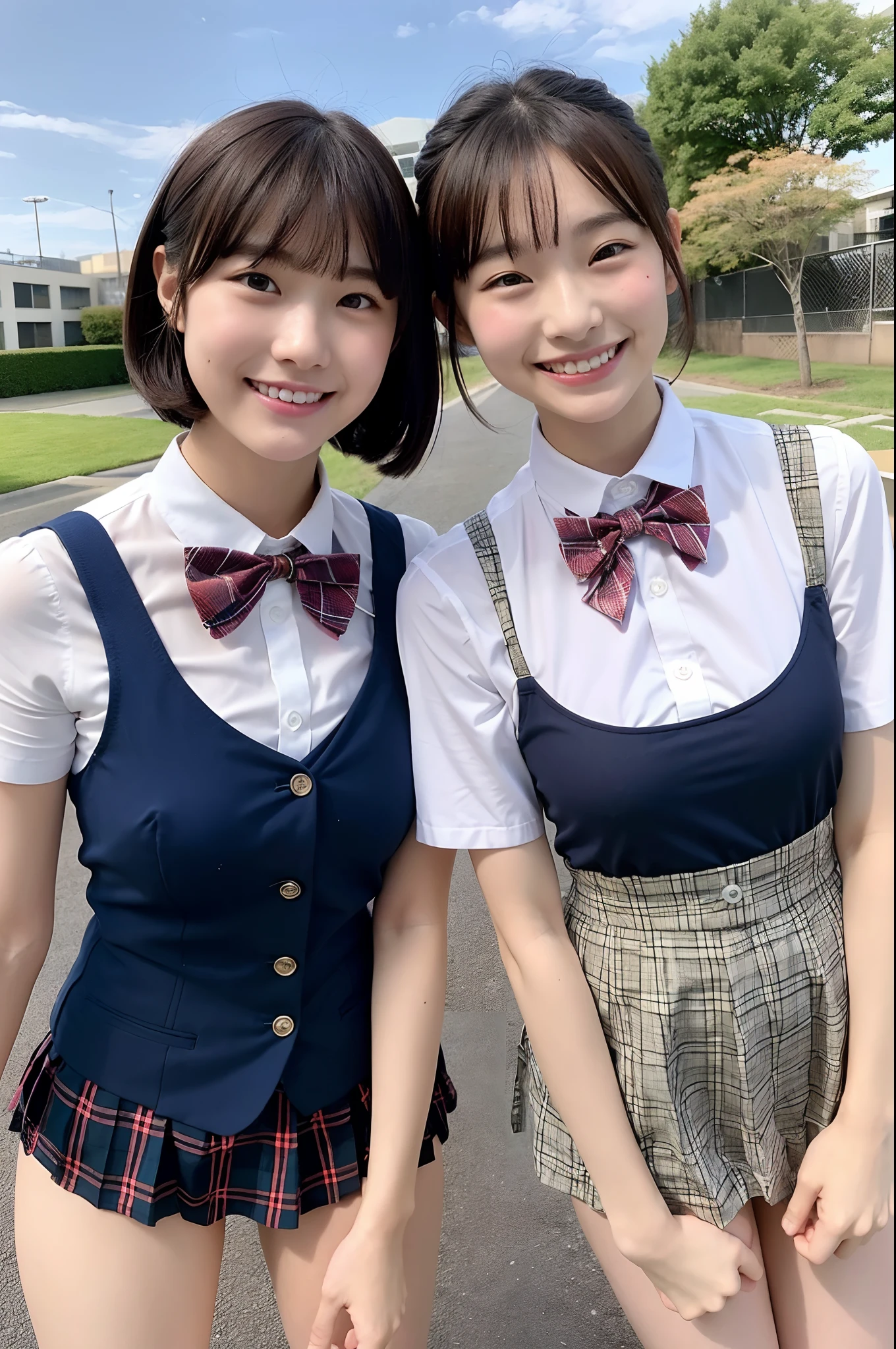 2 girls standing at bus stop,navy blue knitted vest over white shirt,white thong,navy blue pleated grabbed micro mini skirt,bow tie,hands on crotch,spreading legs apart,18-year-old,bangs,a little smile,thighs,knees,short hair with low pigtails,from before,front light