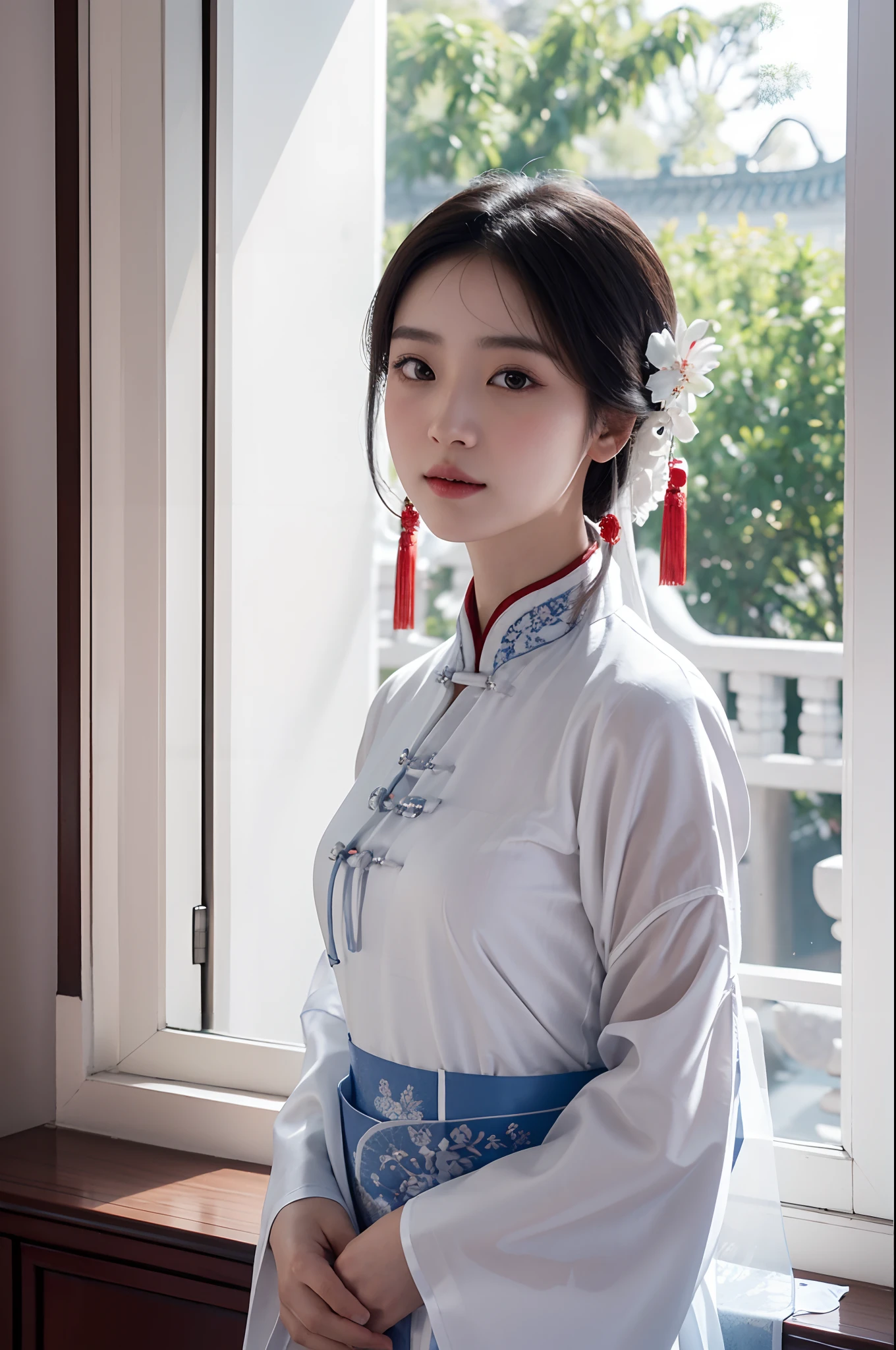 arafed woman in a white dress standing in front of a window, palace ， a girl in hanfu, chinese woman, chinese girl, wearing ancient chinese clothes, portrait shot, a young asian woman, chinese princess, cover photo portrait of du juan, inspired by Dai Xi, white hanfu, traditional chinese clothing, traditional chinese, hanfu, inspired by Zhang Yin