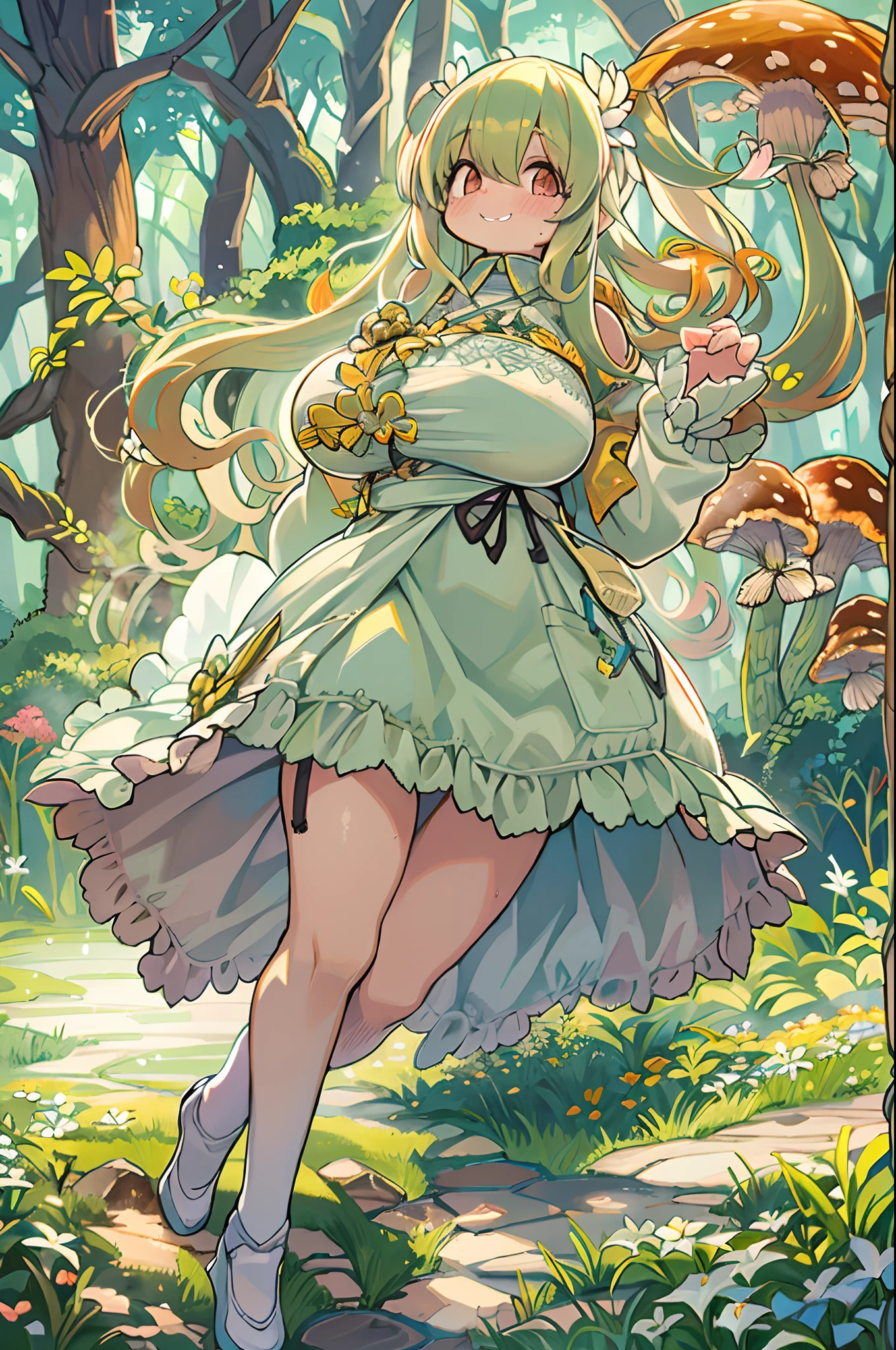 eyesight, (Three Lolitas: 2) Stable diffusion is the best image quality, morning sunlight, Spring landscape, Dew and flowers, flying hair, Live in a fairytale dreamland with mushrooms, trip, Running, and laughing. forest pathway,huge-breasted、bbw,Large Thigh