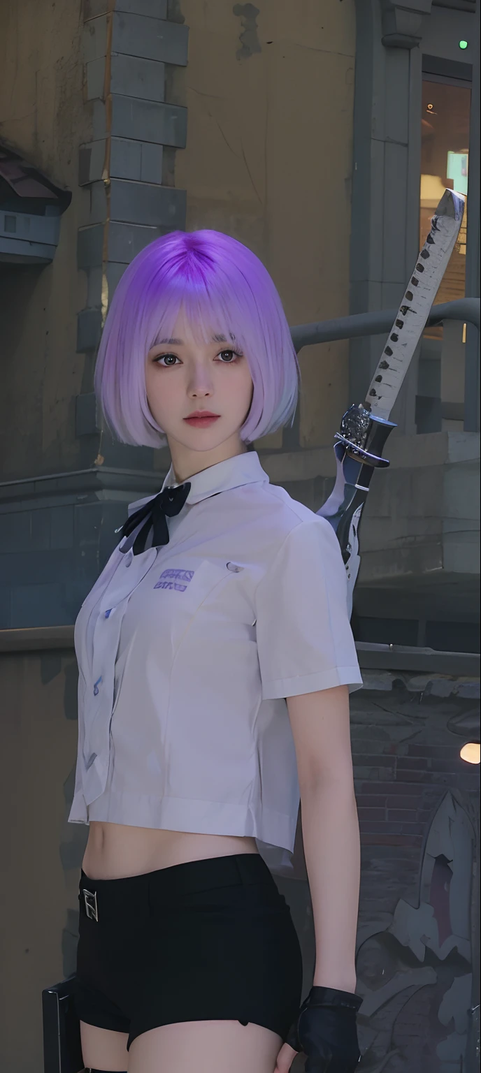 there is a woman with purple hair holding a knife and a knife, character close up, close up character, girl with short white hair, new character, character close-up, with short hair, hyperrealistic schoolgirl, a hyperrealistic schoolgirl, white uniform, female character, style game square enix, lunar themed attire, katana zero video game character, in game