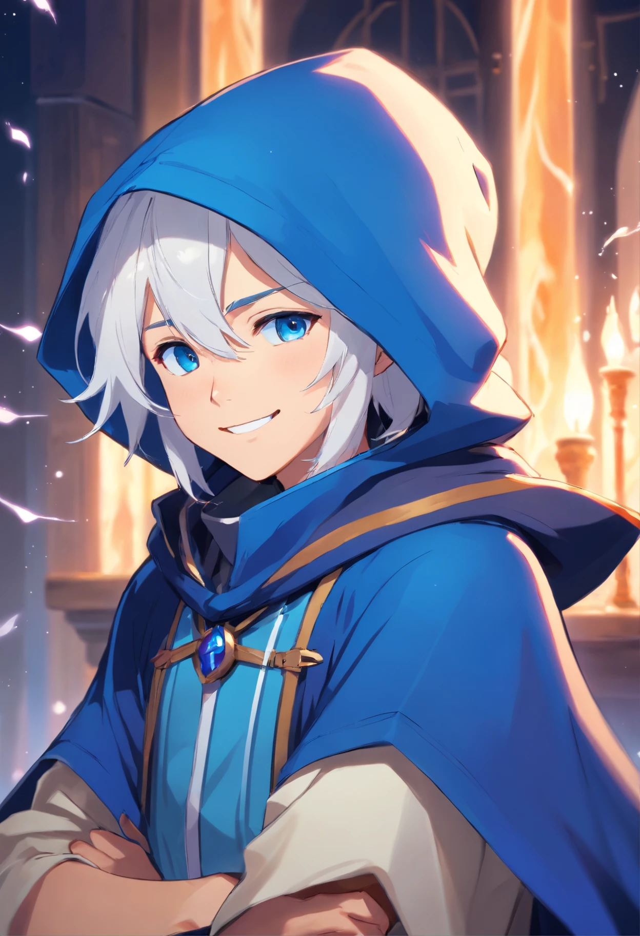 masterpiece,best qualtiy, 1boy, young man, white hair, blue eye, blue mage cloak, blue hood on head, medieval, arcane, mystical accessories, white smile, smug face