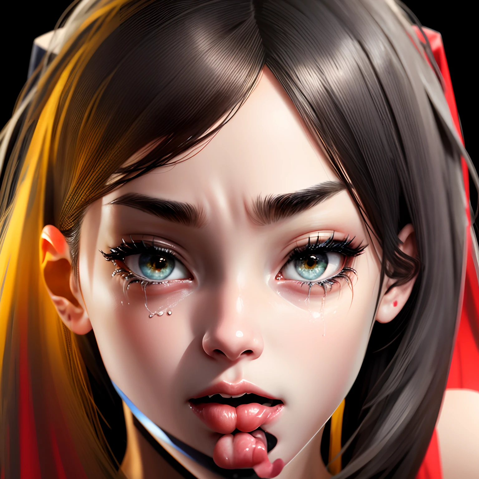 vic, vomiting cum, vomiting, vomit, correct anatomy, uncensored, 1girl, looking at viewer, crying, tears, panting, arms behind back, (focus on face), (close up face), ahg, rolling eyes, black_background,