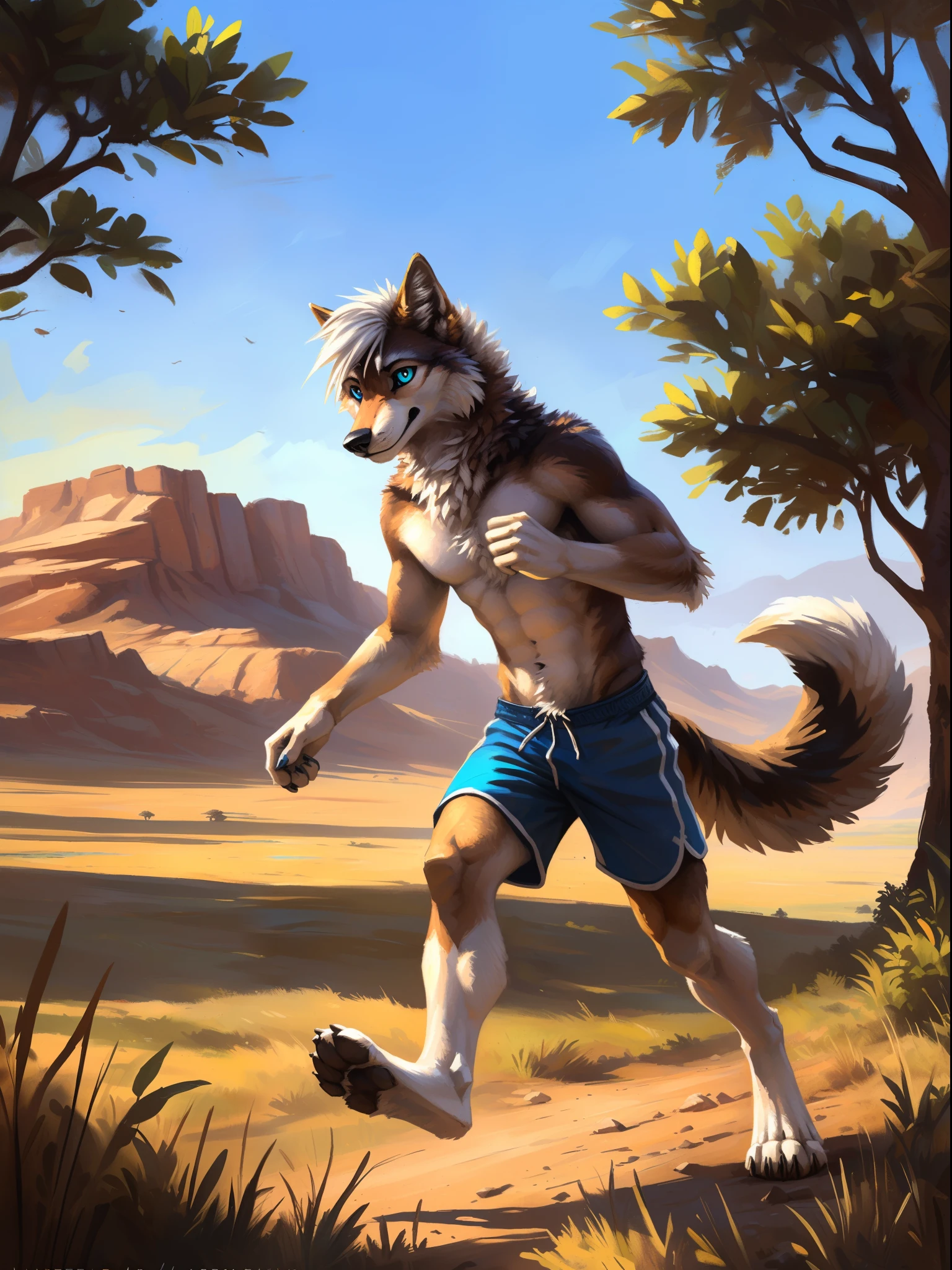 ((Solo)), male people, anthro wolf, (Multi-colored fur, White-brown:1.3), ((Wolf face, White hair, Big eyes, White eyelids, Blue pupil, Slim:1.2) (Tough, Calm expression:1.2)), Abs, Slim, pinging)), (Correct anatomy), (Work shorts:1.1), (Contour bone:1.2), The upper body is naked, (detailed outfits),A big tail,Feet,(Realistic fur, Detailed fur texture, labeled:1.3)), (Natural lighting), Photorealistic, Hyperrealistic, ultradetailed, by Kenket,Endless grasslands,No buildings,Running on