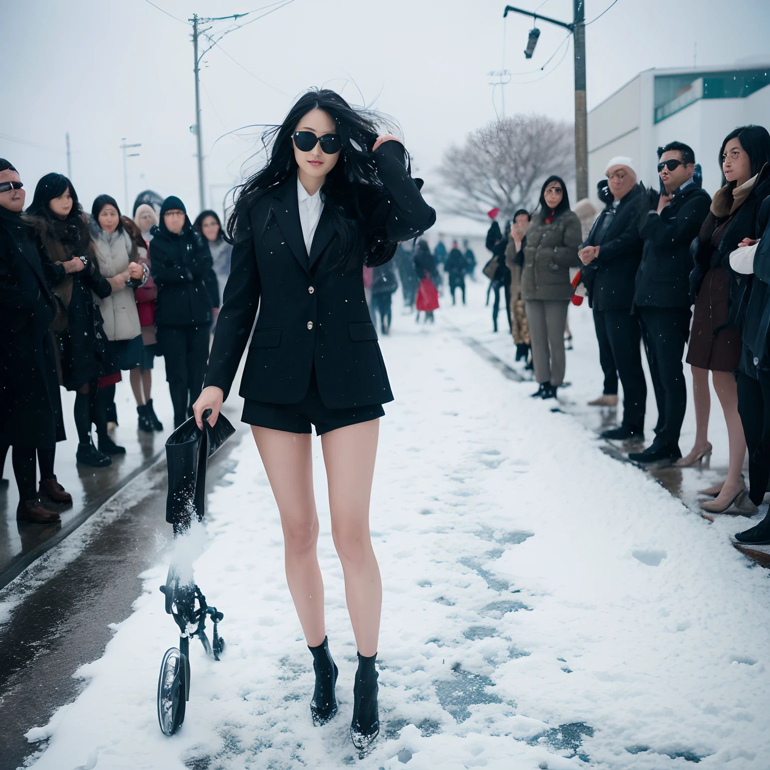 A Japanese Lady、beauitful face、Black sunglasses、Long Black Hair、black suits、Micro shorts、beauty legs、Raw feet、tall、long legged、pin heels、arms in arms、model poses、Oyuki、snow blowing、snow cover、heavy wind、Hair disheveled in the wind、Visibility is poor due to heavy snow