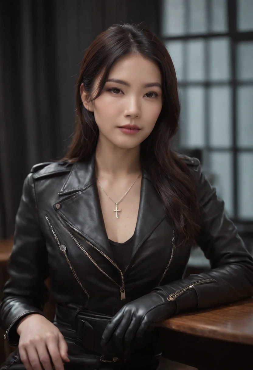 I'm wearing black leather gloves up to my fingertips in both hands and covering my upper body. Black leather double rider jacket. Slender necklace. A young and cute Japanese girl with beautiful black hair. Sitting on a black leather chair at the desk in the president's room at night. Pray.