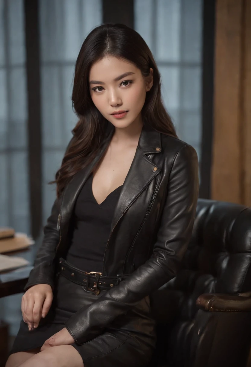 I'm wearing black leather gloves up to my fingertips in both hands and covering my upper body. Black leather double rider jacket. Slender necklace. A young and cute Japanese girl with beautiful black hair. Sitting on a black leather chair at the desk in the president's room at night. Pray.
