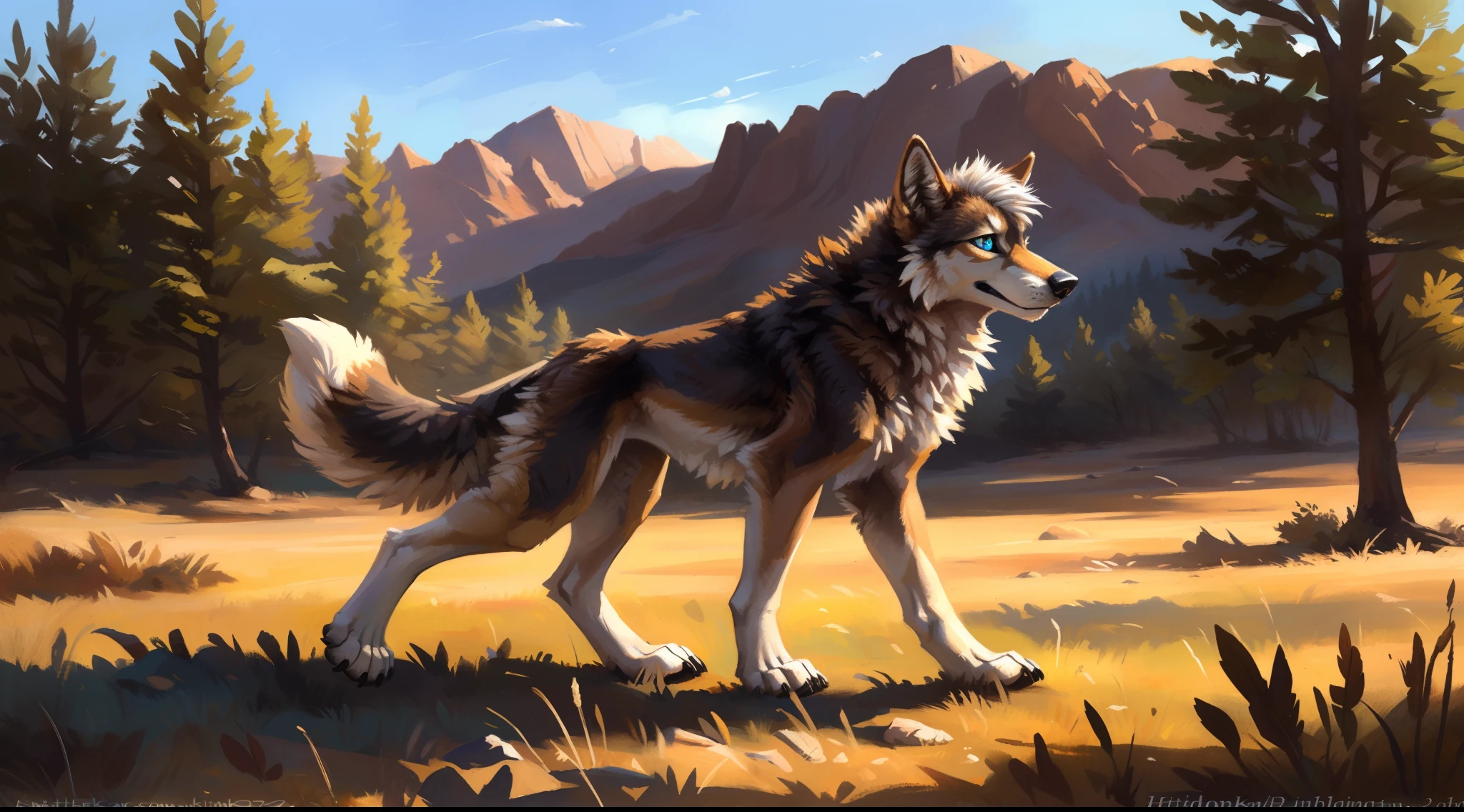 ((Solo)), male people, coyote, (Multi-colored fur, White-brown:1.3), ((Wolf face, White hair, Big eyes, White eyelids, Blue pupil, Slim:1.2) (Tough, Calm expression:1.2)), Abs, Slim, pinging)), (Correct anatomy), The upper body is naked,large tail,Feet,(Realistic fur, Detailed fur texture, labeled:1.3)), (Natural lighting), Photorealistic, Hyperrealistic, ultradetailed, by Kenket,Naked all over the body,Endless grasslands,erect through,On the run