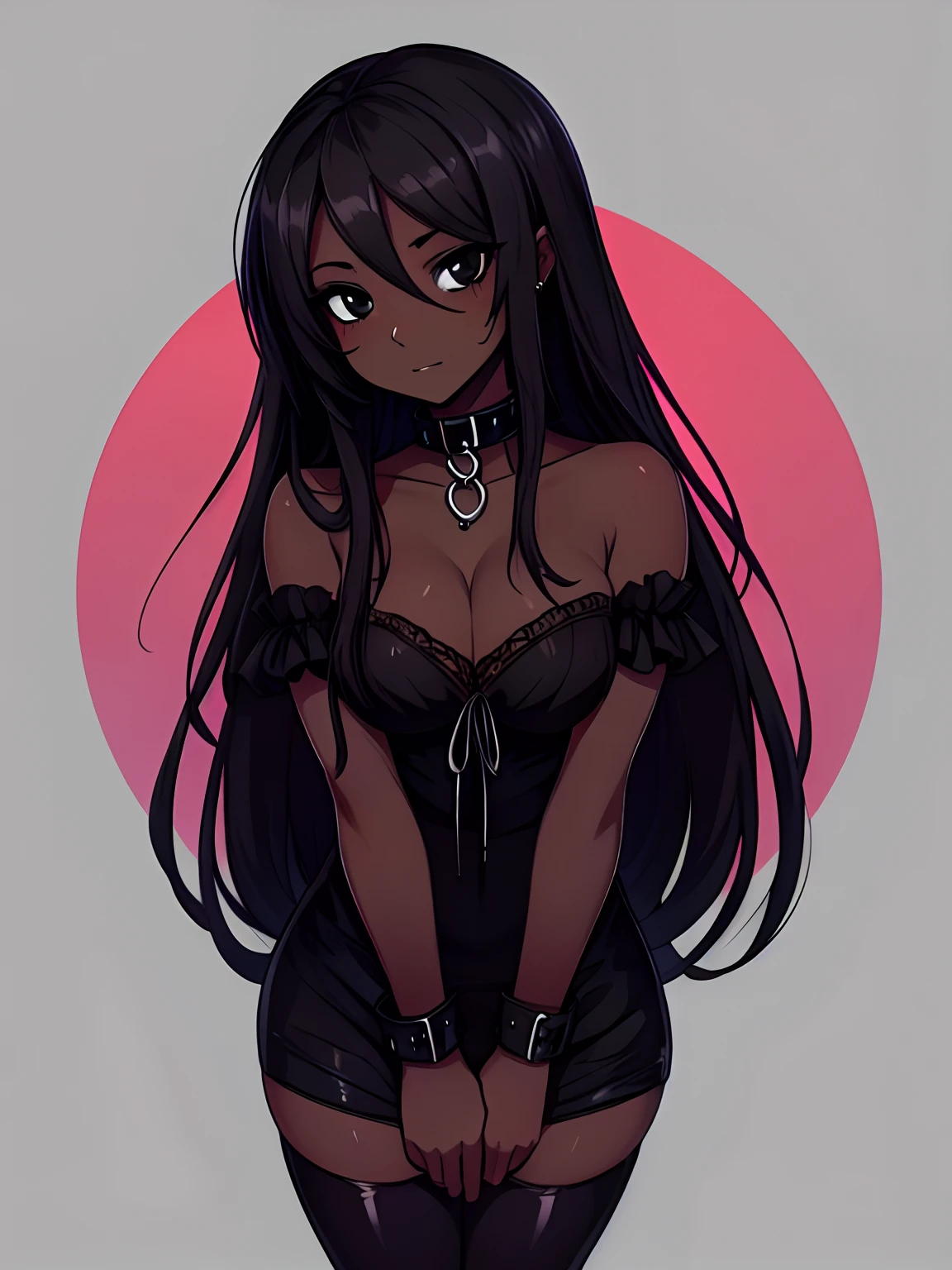 1 girl, (black skin:1.4), long hair, black eyes colour, Goth collar, goth outfit, shy, cute