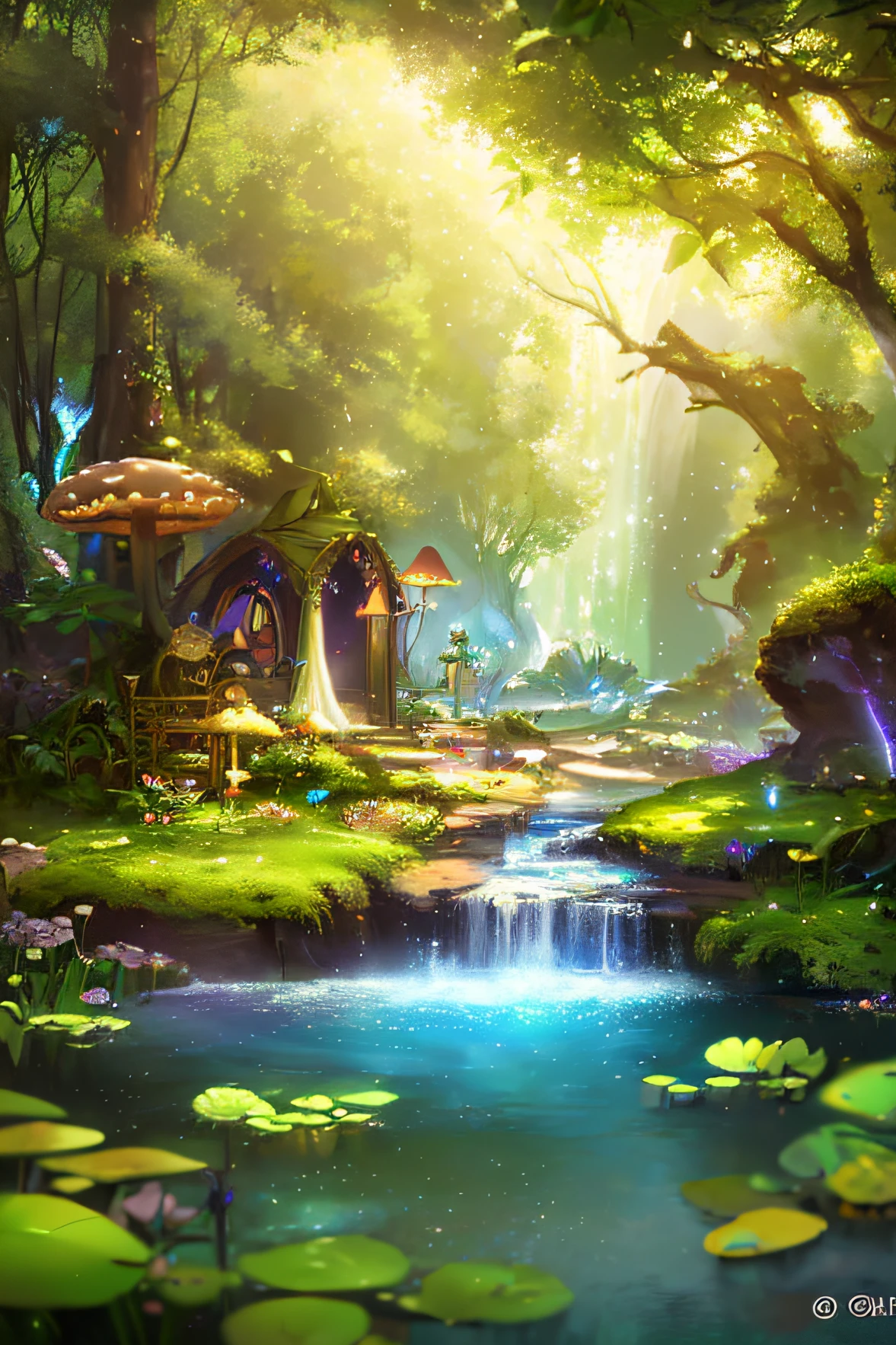 A magical forest with diverse species of magical creatures. (best quality,4k,8k,highres,masterpiece:1.2),ultra-detailed,(realistic,photorealistic,photo-realistic:1.37),illustration,fantasy,enchanted atmosphere,mystical lighting,rich colors,ethereal beings,whimsical plants and trees,sparkling waterfalls,fairy wings,mythical creatures,captivating landscape,ethereal glow,mysterious mist,glowing mushrooms,dreamlike setting,harmonious coexistence,serene ambiance,spellbinding beauty,peaceful harmony,hidden treasures,sparkling magic,secret passages,elven arches,enchanted flora and fauna,enchanted melody,ethereal whispers,peaceful tranquility,enchanted realm,fantastical journey,mythical adventure,awe-inspiring vistas,mesmerizing details,magical secrets.