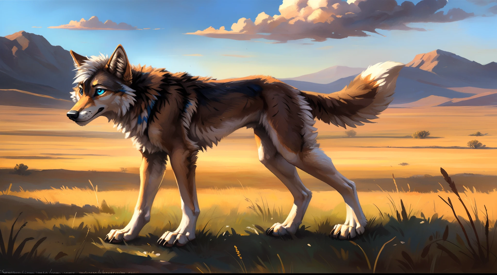 ((Solo)), male people, coyote, (Multi-colored fur, White-brown:1.3), ((Wolf face, White hair, Big eyes, White eyelids, Blue pupil, Slim:1.2) (Tough, Calm expression:1.2)), Abs, Slim, pinging)), (Correct anatomy), The upper body is naked,large tail,Feet,(Realistic fur, Detailed fur texture, labeled:1.3)), (Natural lighting), Photorealistic, Hyperrealistic, ultradetailed, by Kenket,Naked all over the body,Endless grasslands,erect through,On the run