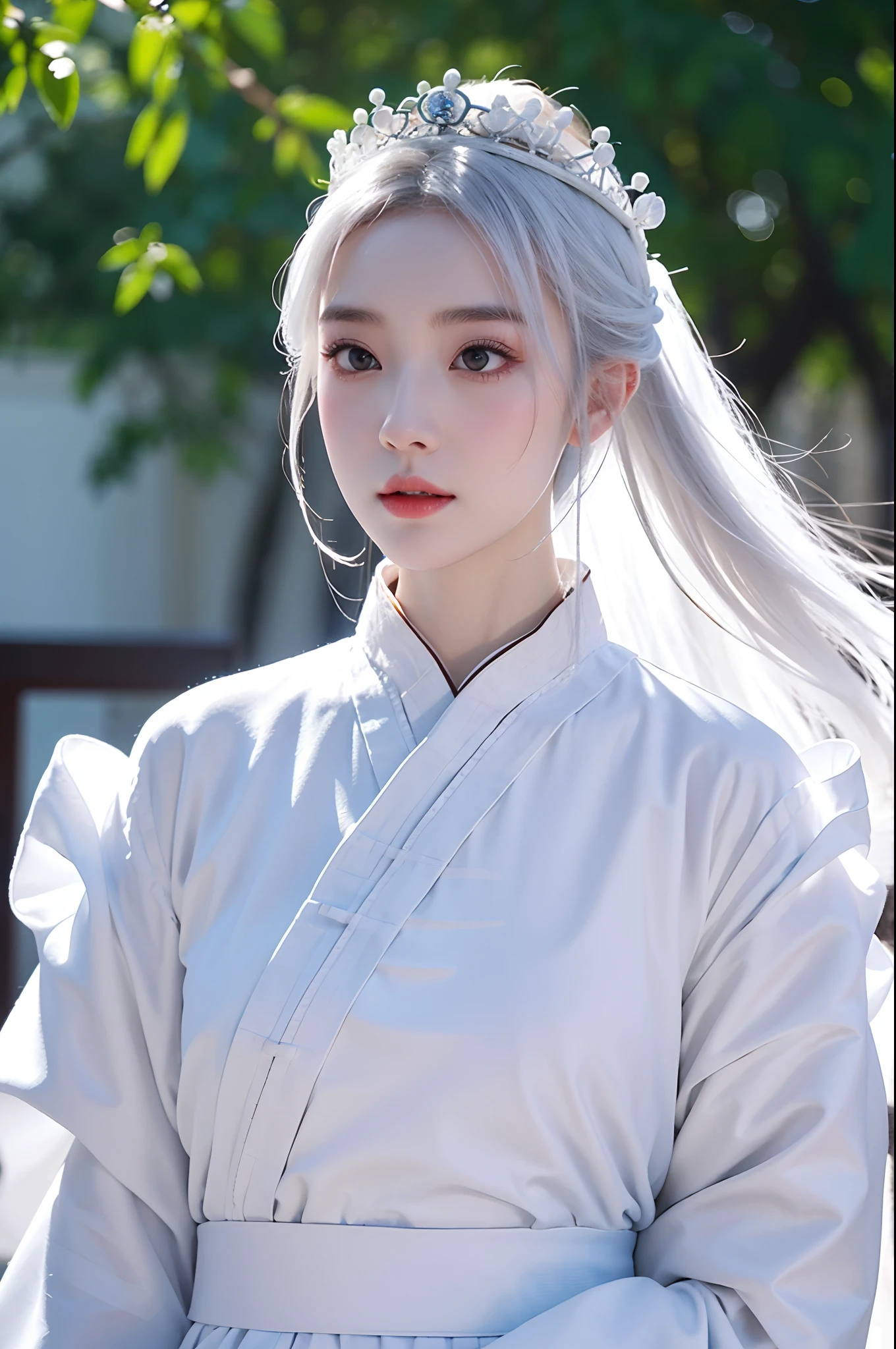 a close up of a woman wearing a white dress and a tiable, white hanfu, inspired by Wu Bin, palace , a girl in hanfu, inspired by Wuzhun Shifan, with white skin, white porcelain skin, white skin, hanfu, with acient chinese clothes, white crown, xision wu, with crown, with white