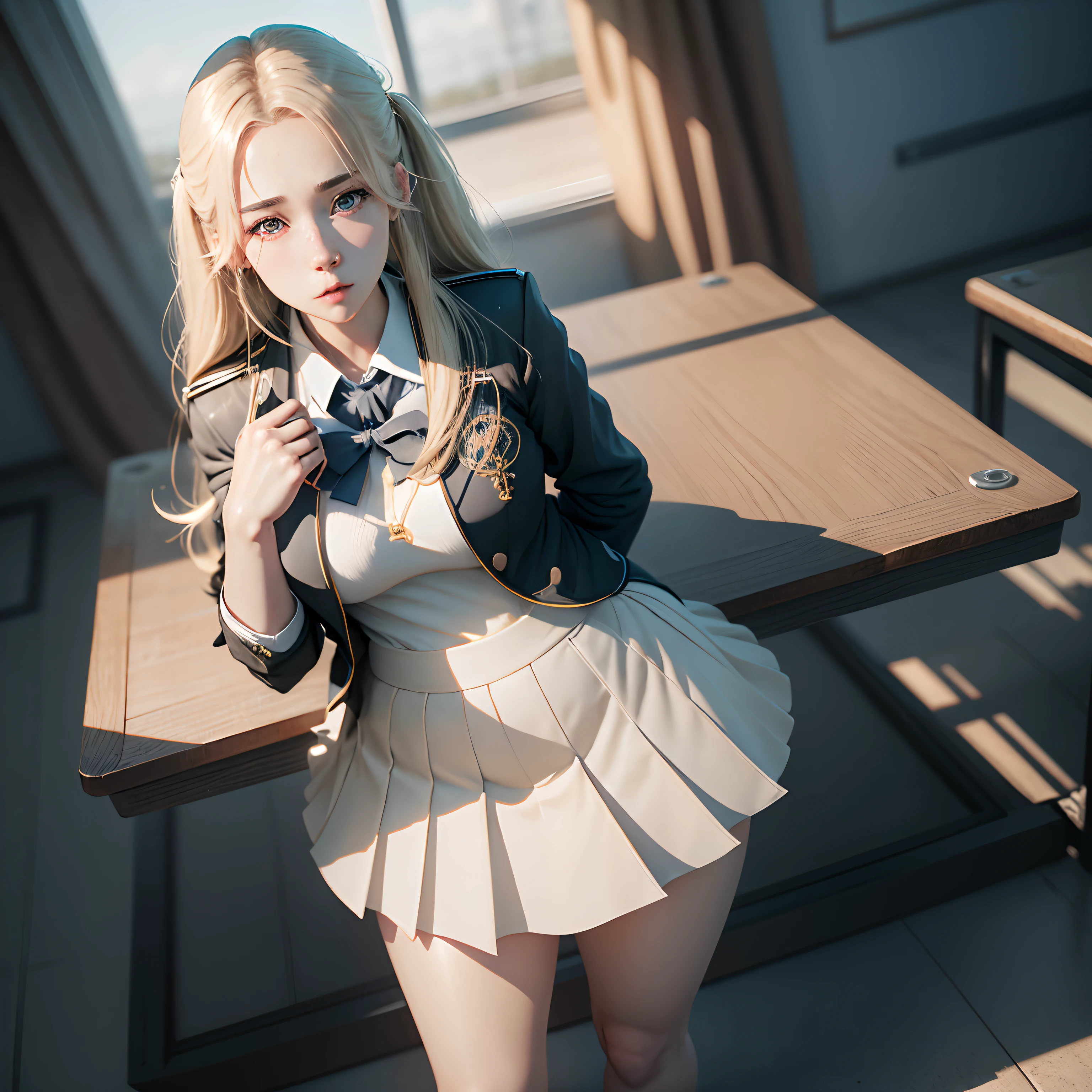 face lighting,bright backlight,medium breasts,super high resolution,best quality,Photos,4k,(Realistic:1.2),qx,
1girl,blond hair,young,(16yo),
school uniform,sailor uniform,pleated skirt,blouse,necktie,ribbon,knee-high socks,loafers,
<lora:qx_20230623194429:0.8>,