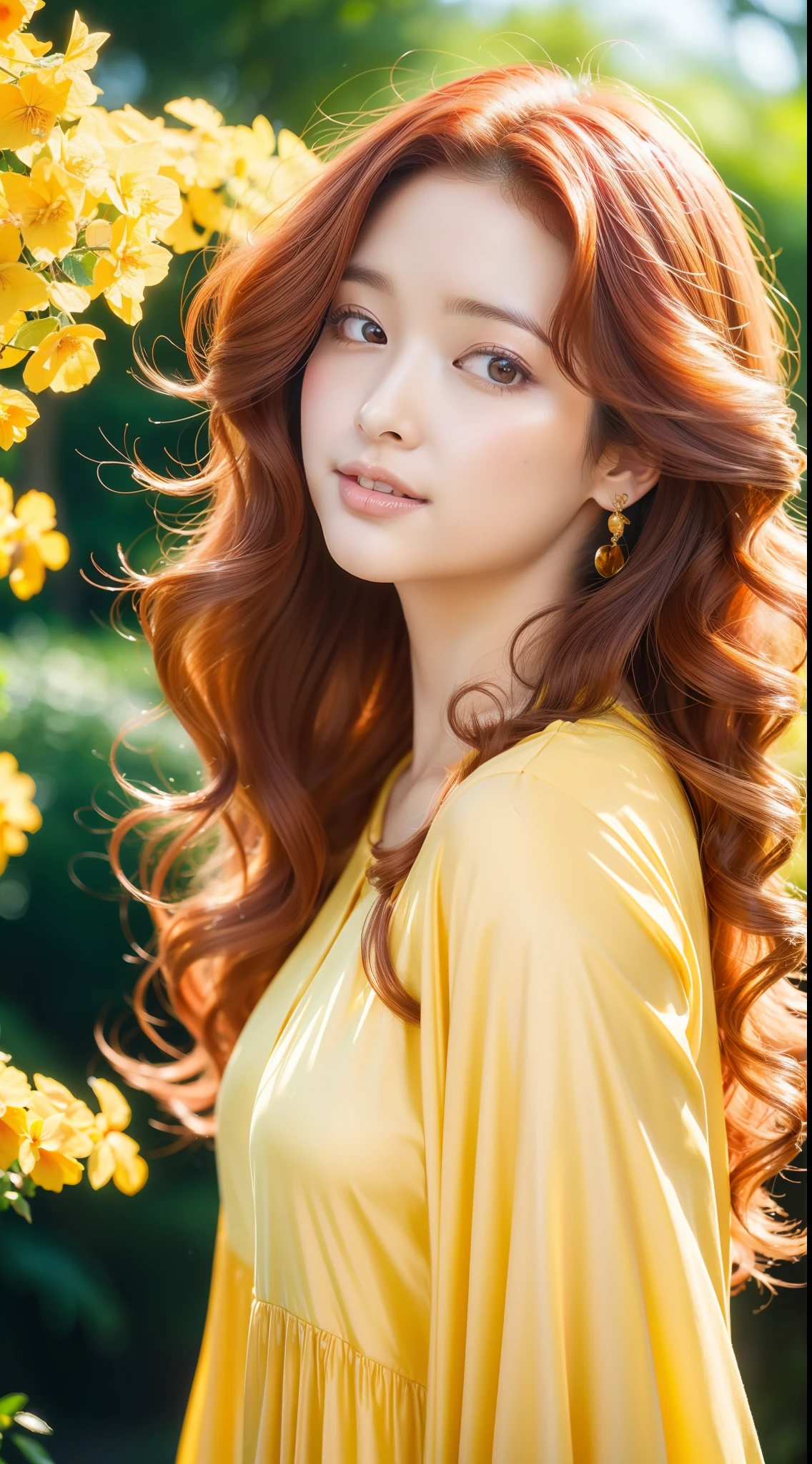 (Best quality,high resolution,Ultra-detailed:1.2),Beautiful golden to red gradient wavy curls fluttering in the breeze, Vibrant flowers in the background of the park, Close-up shot,