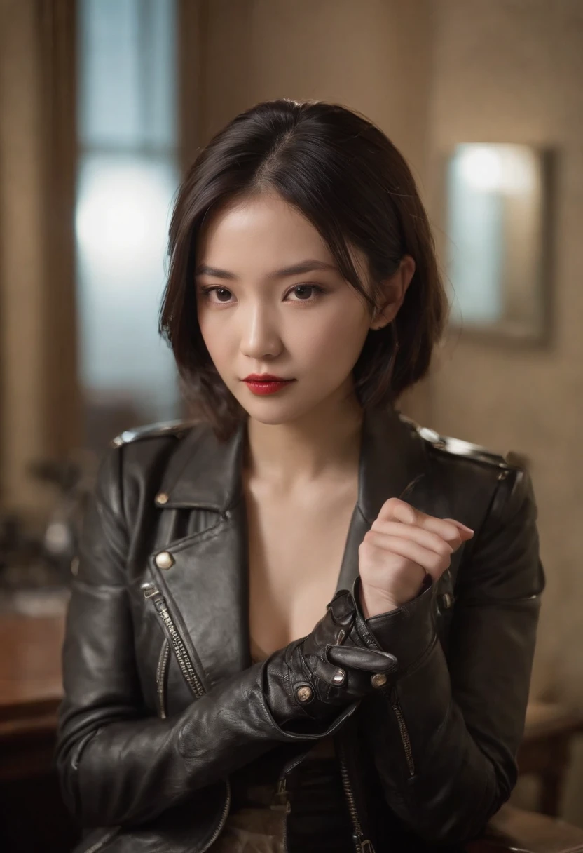 I'm wearing black leather gloves up to my fingertips in both hands and covering my upper body. Black leather double rider jacket. Slender necklace. A young and cute Japanese girl with beautiful black hair. Sitting on a black leather chair at the desk in the president's room at night. Pray.