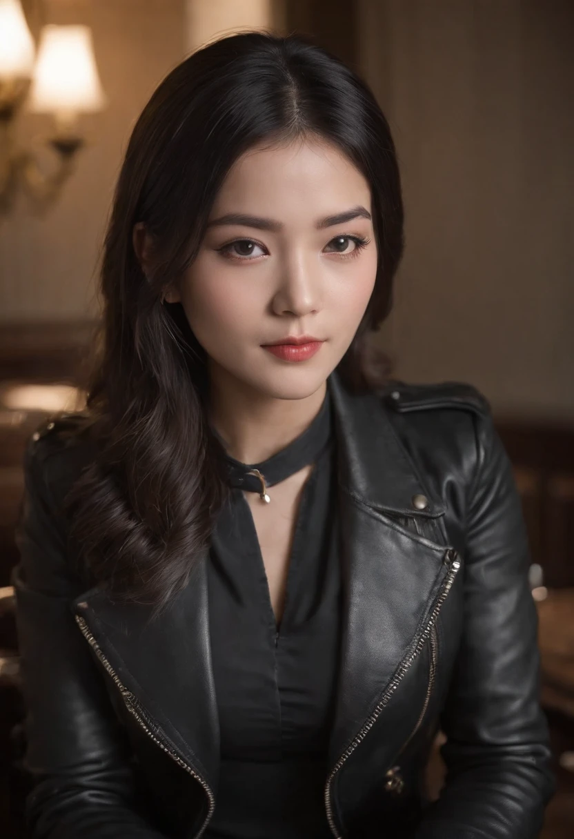 I'm wearing black leather gloves up to my fingertips in both hands and covering my upper body. Black leather double rider jacket. Slender necklace. A young and cute Japanese girl with beautiful black hair. Sitting on a black leather chair at the desk in the president's room at night. Pray.