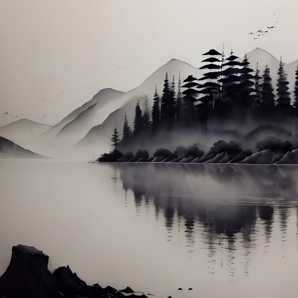 ink and watercolor painting,Draw on rice paper,Use thick and light ink to create light and dark variations and layers,Pick the right ink color,Such as deep black、Thick gray、Light coffee, etc,to express different situations and atmospheres,Control the gradient and transition of ink color by the humidity and consistency of the ink,mont,Eau,the trees,Lake surface,Small broken boat,Bleak, Desolate, Solitude,Black and white tones,dead tree, Traditional Chinese Ink Painting, Traditional Chinese art, author:Guo Xi, author:Ma Yuanyu, Traditional Chinese painting, author:Xu Xi, author:Luo Mu, author:Yang Buzhi, author:Li Kelan, author:Gu An, Ink painting ) ) ) ), Chinese ink painting, Chinese painting style