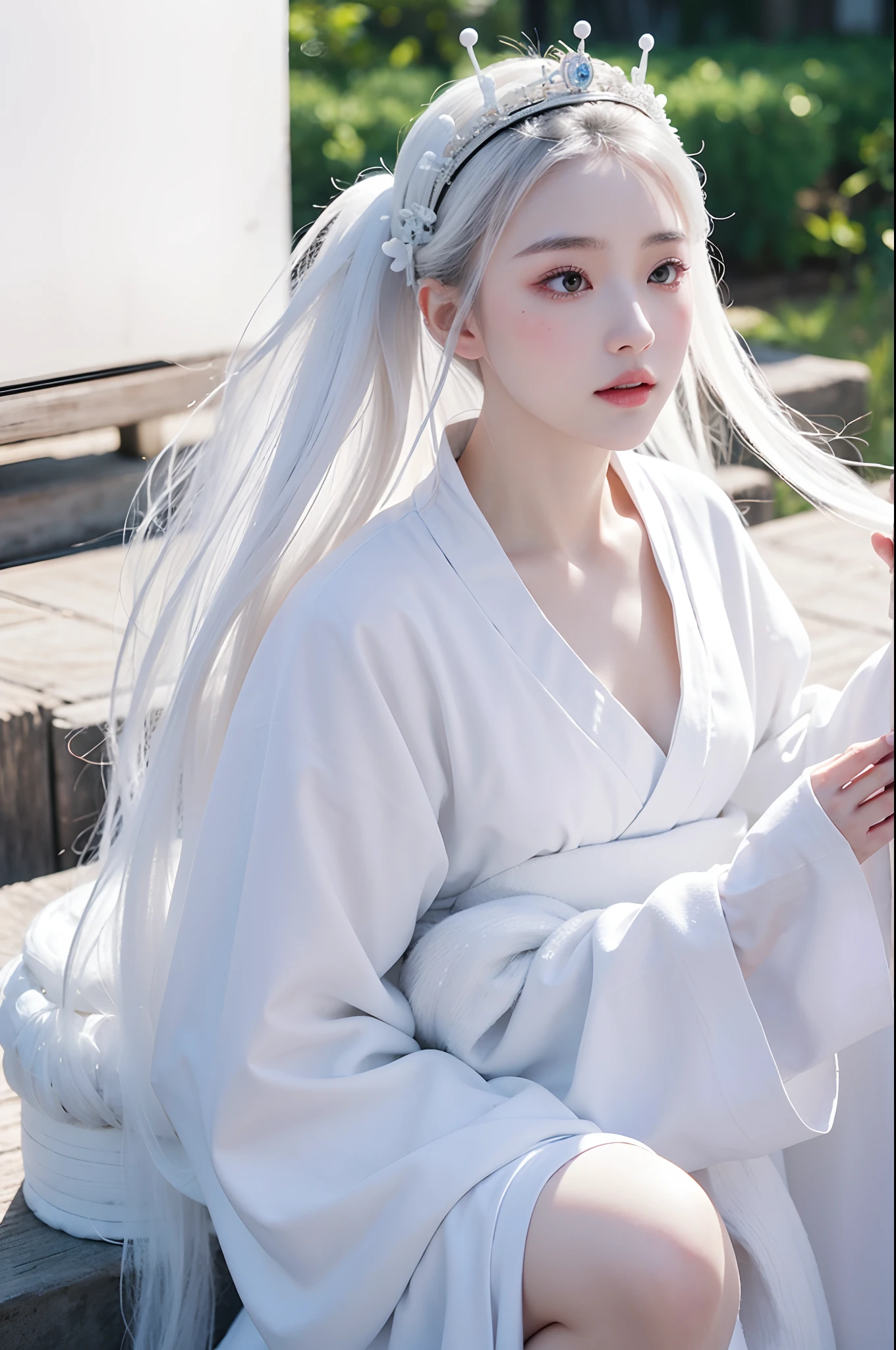 a close up of a woman wearing a white dress and a tiable, white hanfu, inspired by Wu Bin, palace , a girl in hanfu, inspired by Wuzhun Shifan, with white skin, white porcelain skin, white skin, hanfu, with acient chinese clothes, white crown, xision wu, with crown, with white