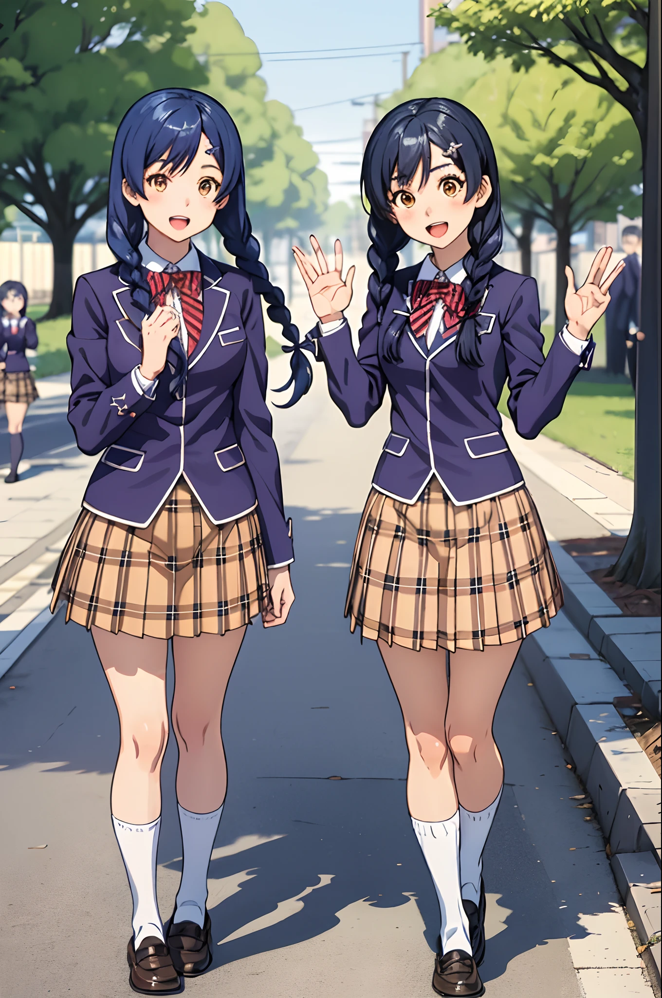 masterpiece, best quality, tadakoro megumi, twin braids, hairclip, school uniform, bowtie, plaid skirt, white socks, loafers, street, trees, waving, smile, open mouth, hand in the air, looking at viewer, 2girls, duo, identical twins, clones